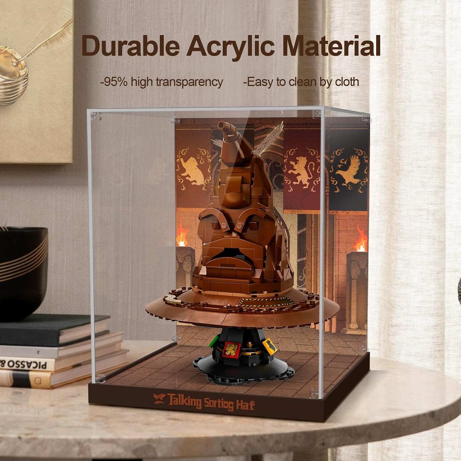 Acrylic Display Case for Lego Harry Potter Talking Sorting Hat - Display Box for Lego 76429 Building Set (Box Only, No Model), Clear Acrylic Plate with Base & HD Painted Background