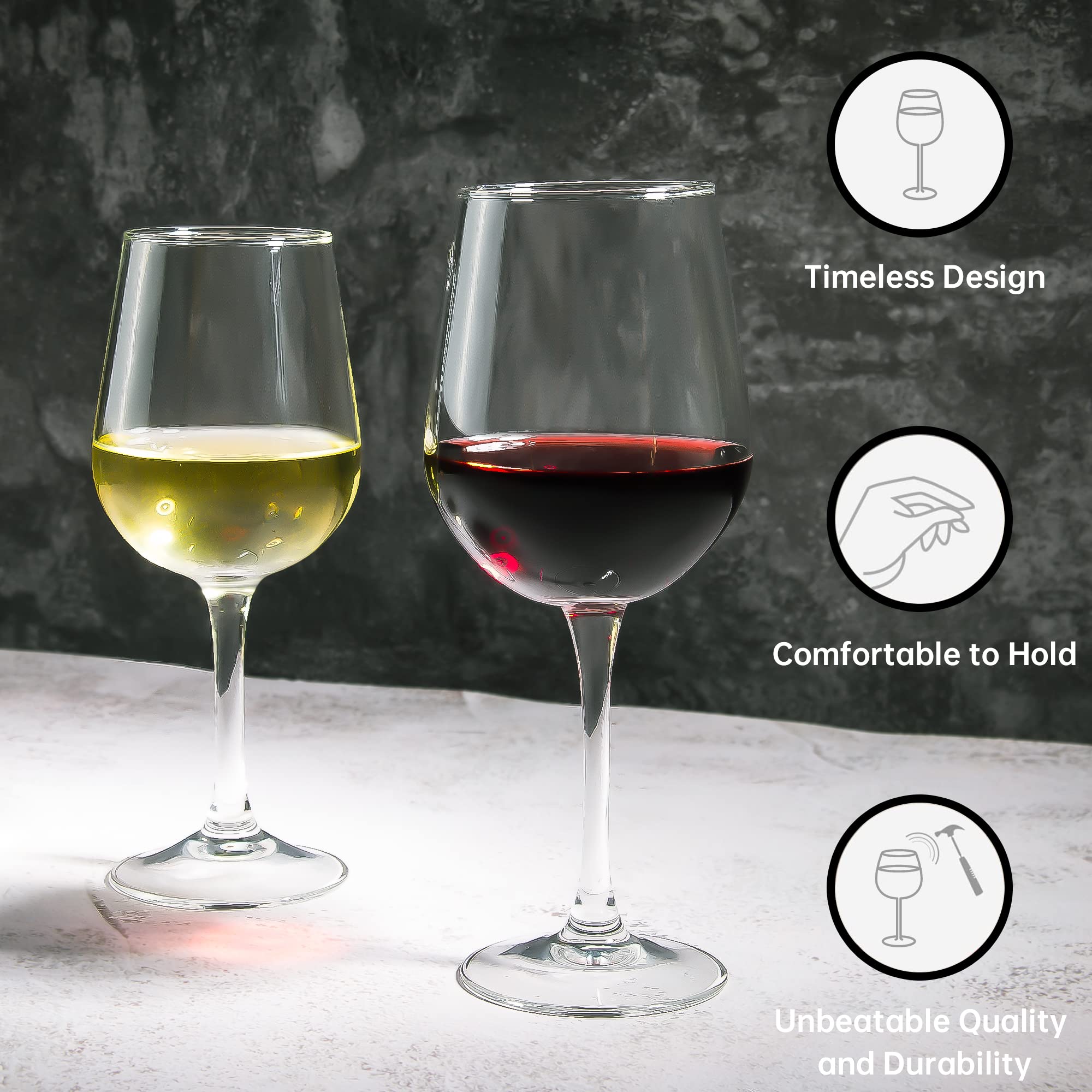 Juego de 12 copas de vino totalmente templadas de 12 onzas, diseño clásico, duraderas y resistentes a los arañazos