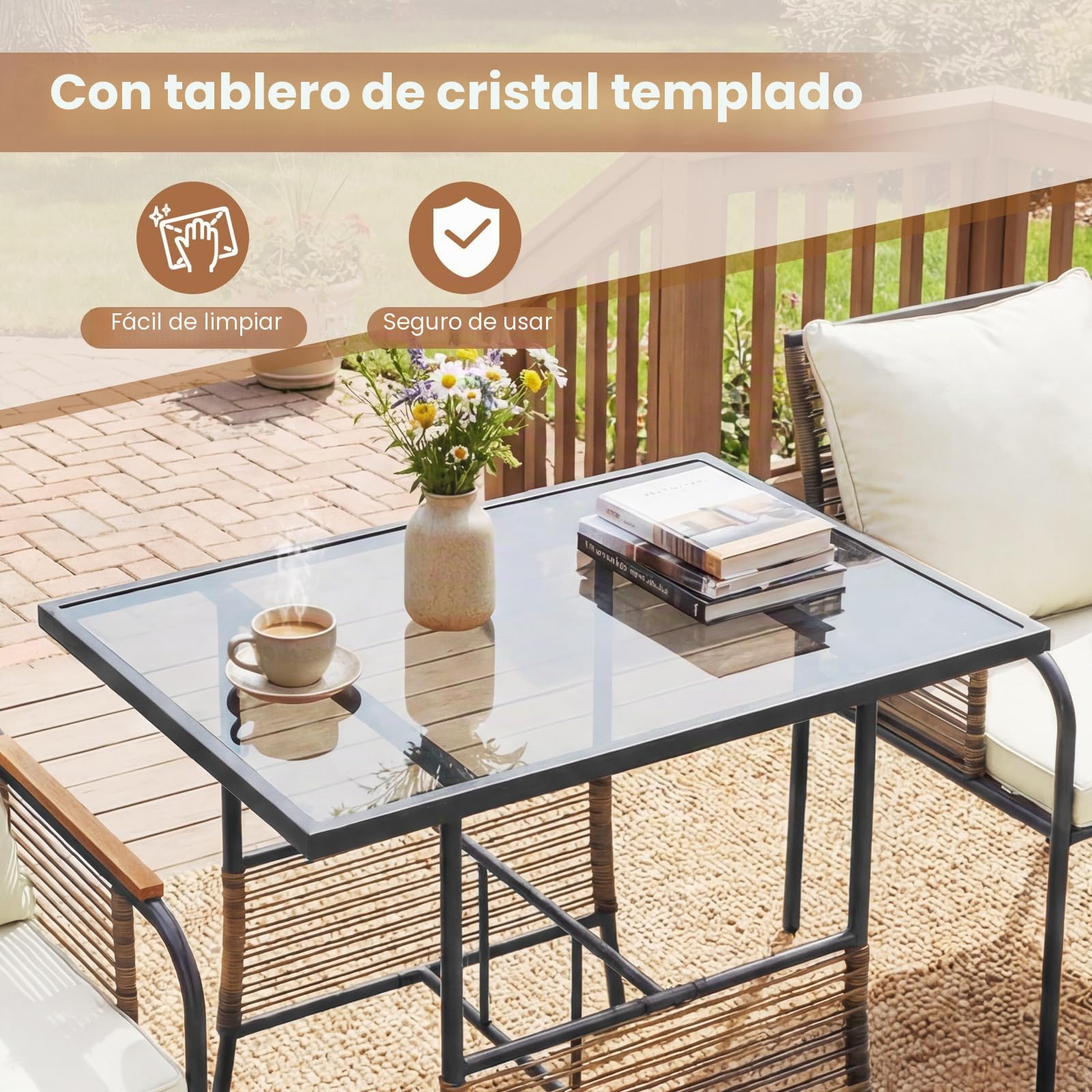 GIANTEX Juego de Muebles de Jardín 3 Piezas, 2 Sillas con Cojines y Mesa con Tablero de Cristal Templado, Estructura de Metal, Muebles de Ratán para Patio, Balcón, Piscina (Beige)