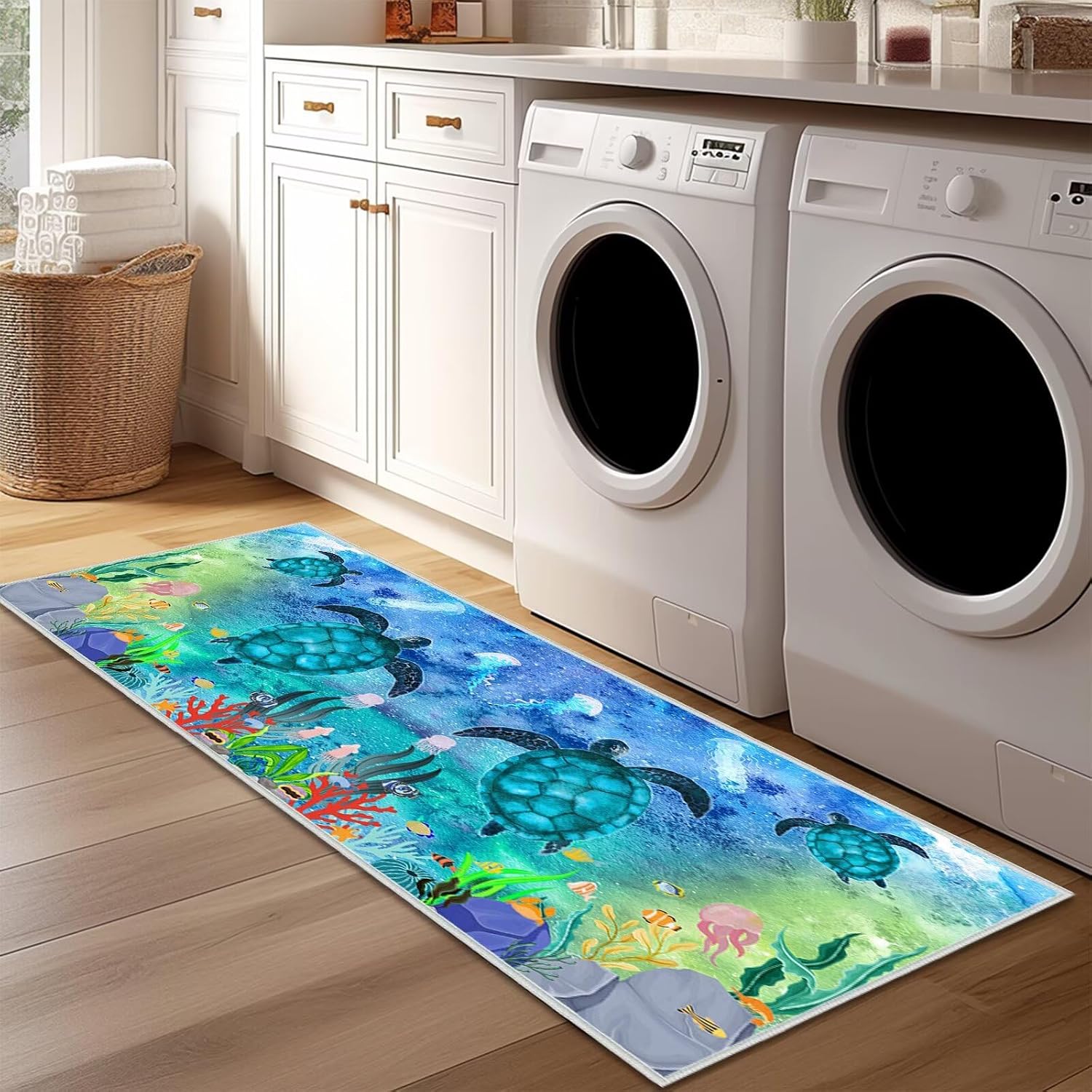 Coastal Runner Rug 2x6 Sea Turtle Rug Nautical Hallway Rug Teal Blue Kitchen Runners Washable Indoor Door Mat Non Slip Accent Throw Rugs,Turtles Beach Ocean,Area Carpet for Entryway,Bedroom,Laundry