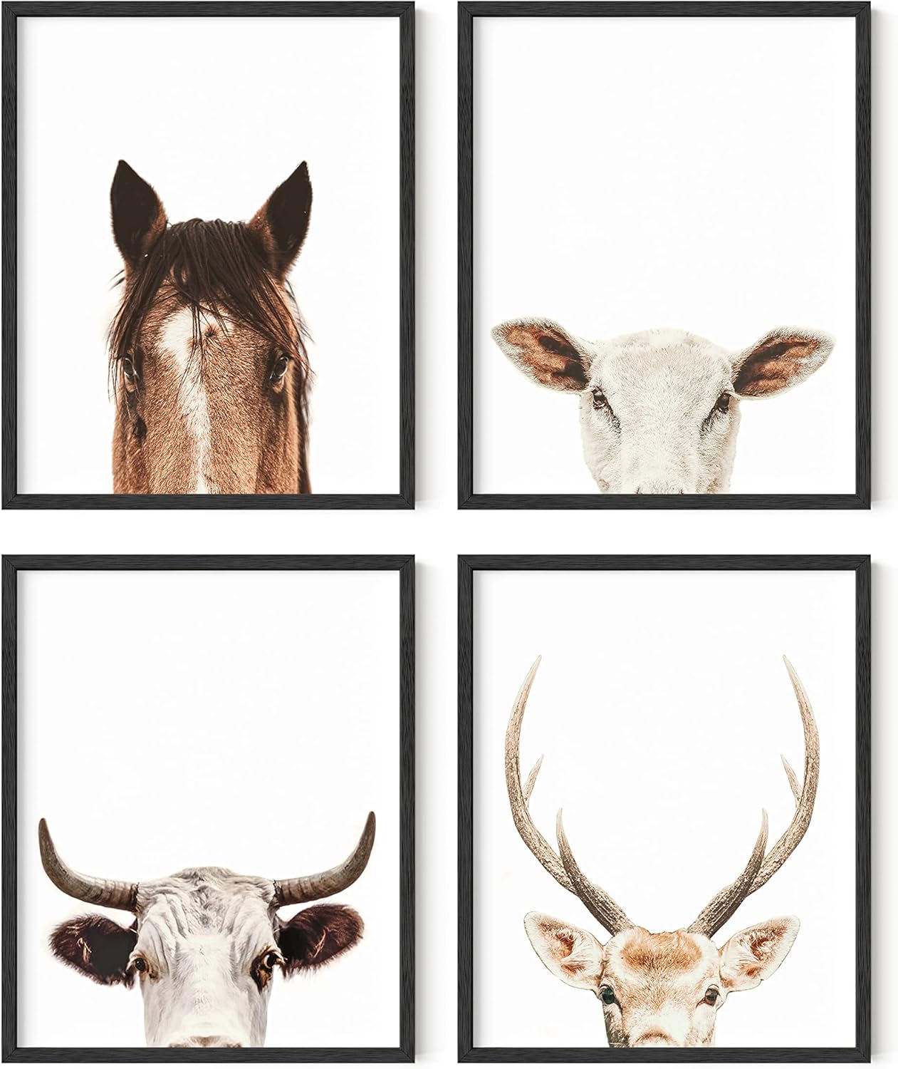 HAUS AND HUES Set of 4 Rustic Farm Animal Pictures - Horse Deer Cow and Pig Pictures Wall Decor, Farmhouse Pictures for the Home Modern Farmhouse Decor for the Kitchen (Unframed 16x20)