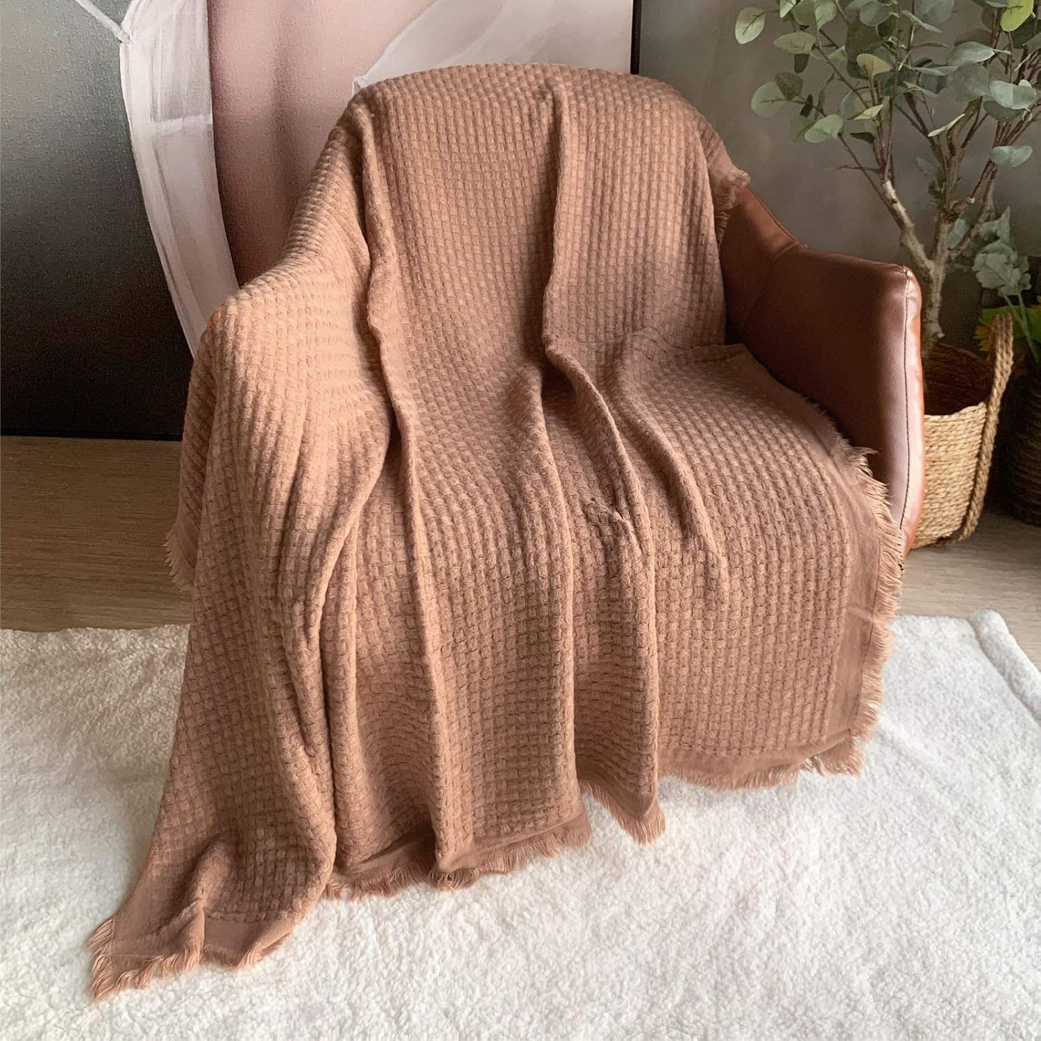 DISSA Knitted Blanket Textured Solid Super Soft Cozy Plush Lightweight Decorative Throw Blanket Fluffy Woven Blanket for Bed Sofa Couch Cover Living Bed Room (Camel, 51"x63")
