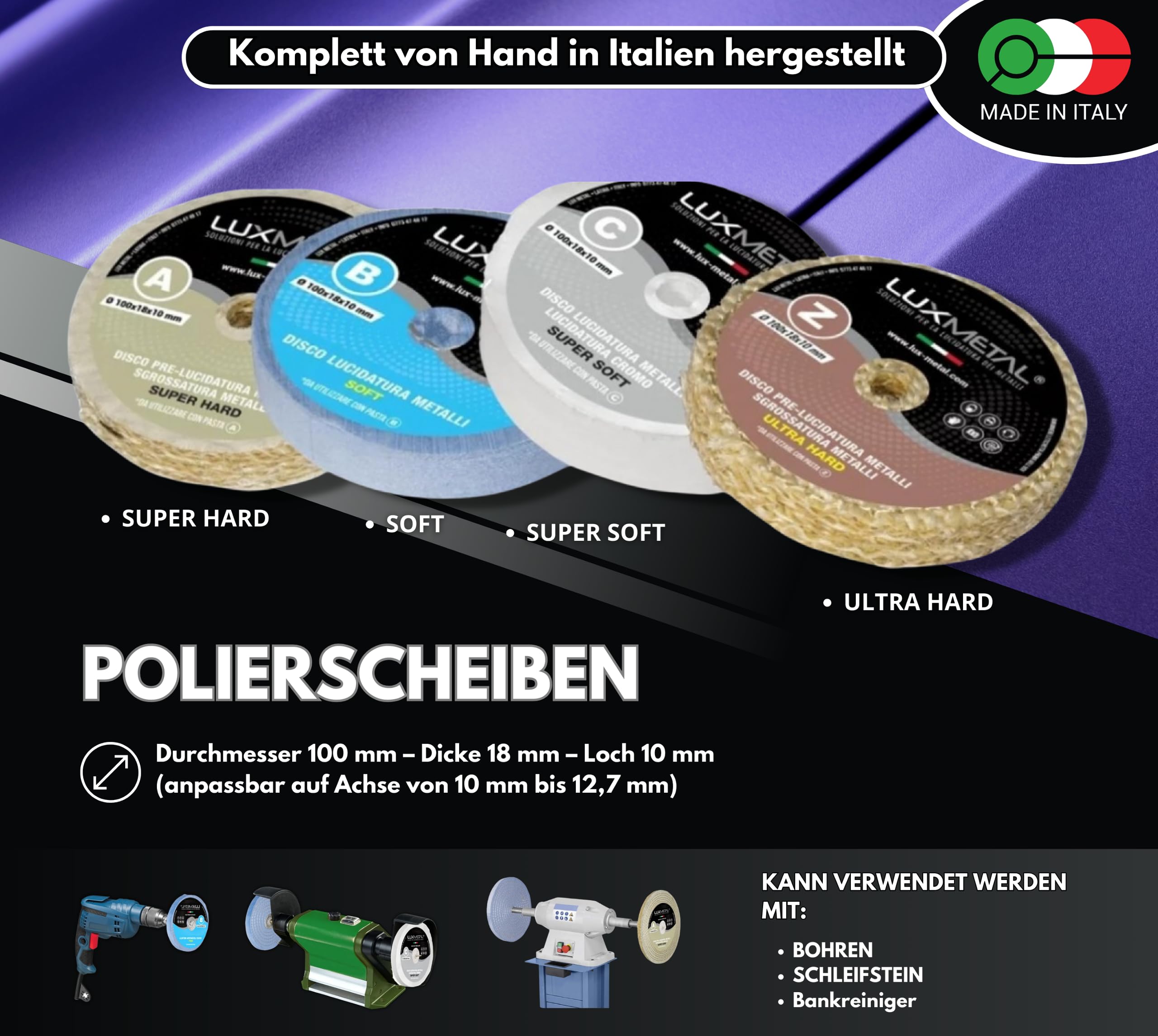 4 polierpaste 250 g - 4 Polierscheibe 100 mm Polierset set DIY kit Schleifpaste Metall, Aluminium, Bank Poliermaschine, Edelstahl, Messing, Kupfer, Holz, Kunststoff, schleifmaschinen, messer