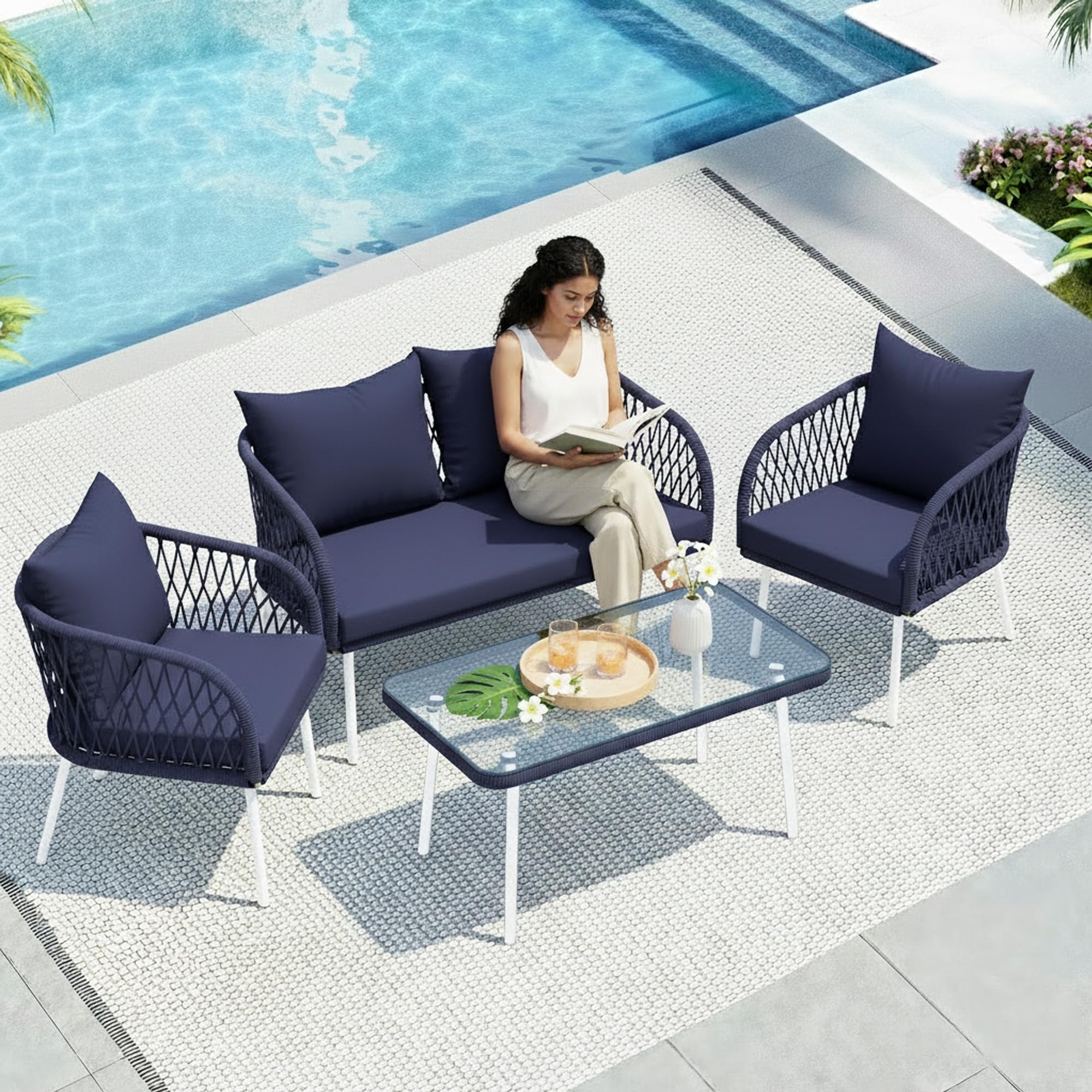 DEVOKO Verde Outdoor 4-Seater Sofa Set with Glass Top Table & Water-Repellent Cushions, Durable Metal Frame, Handwoven Furniture Perfect for Garden, Patio, Pool Deck & Balcony(Navy Blue & Royal Blue)