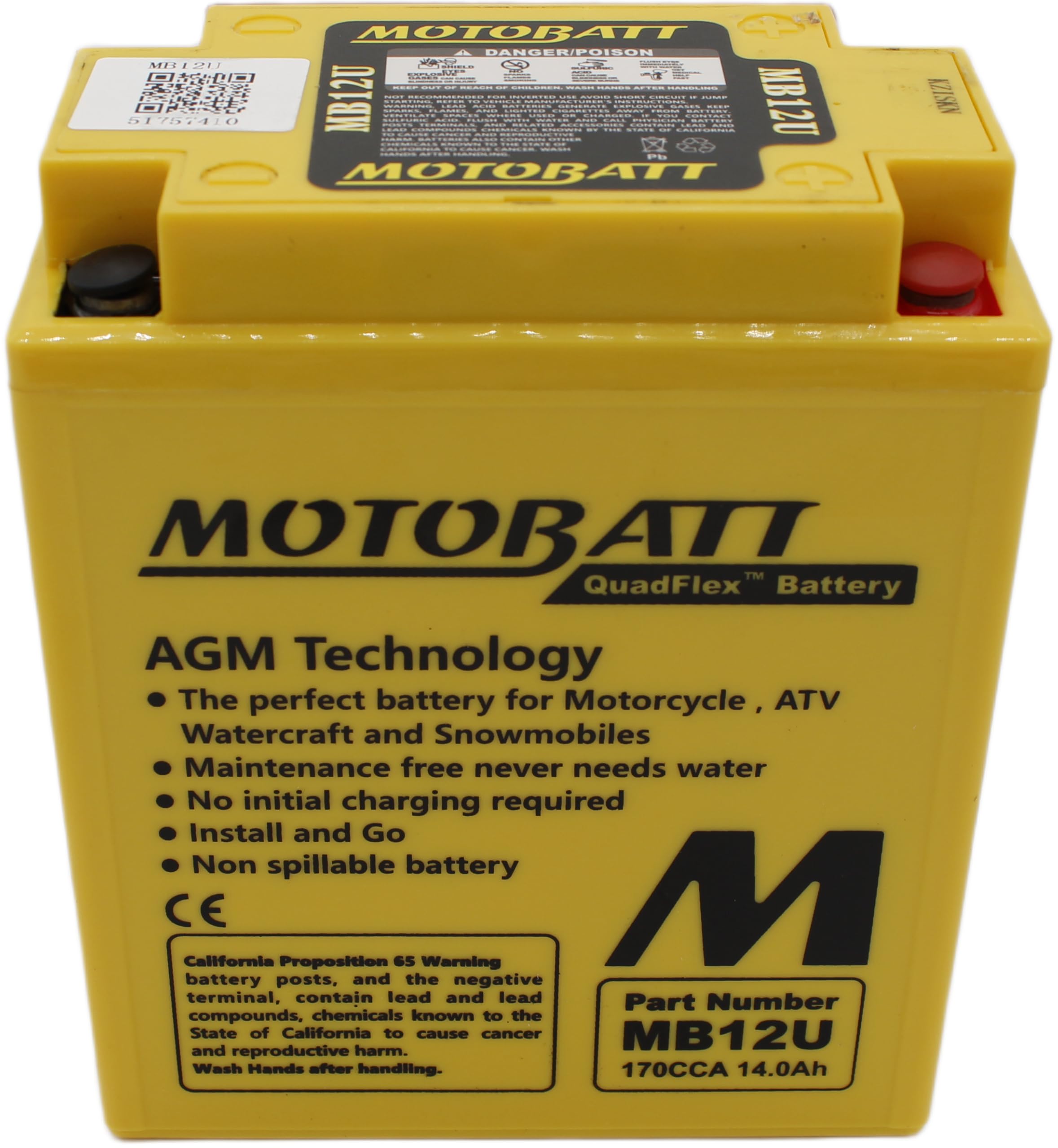 Batteria MotoBatt MB12U 12V 14Ah Precaricata Sigillata AGM ? Alta Potenza, 135x80x161 mm, Senza Manutenzione per Moto e ATV