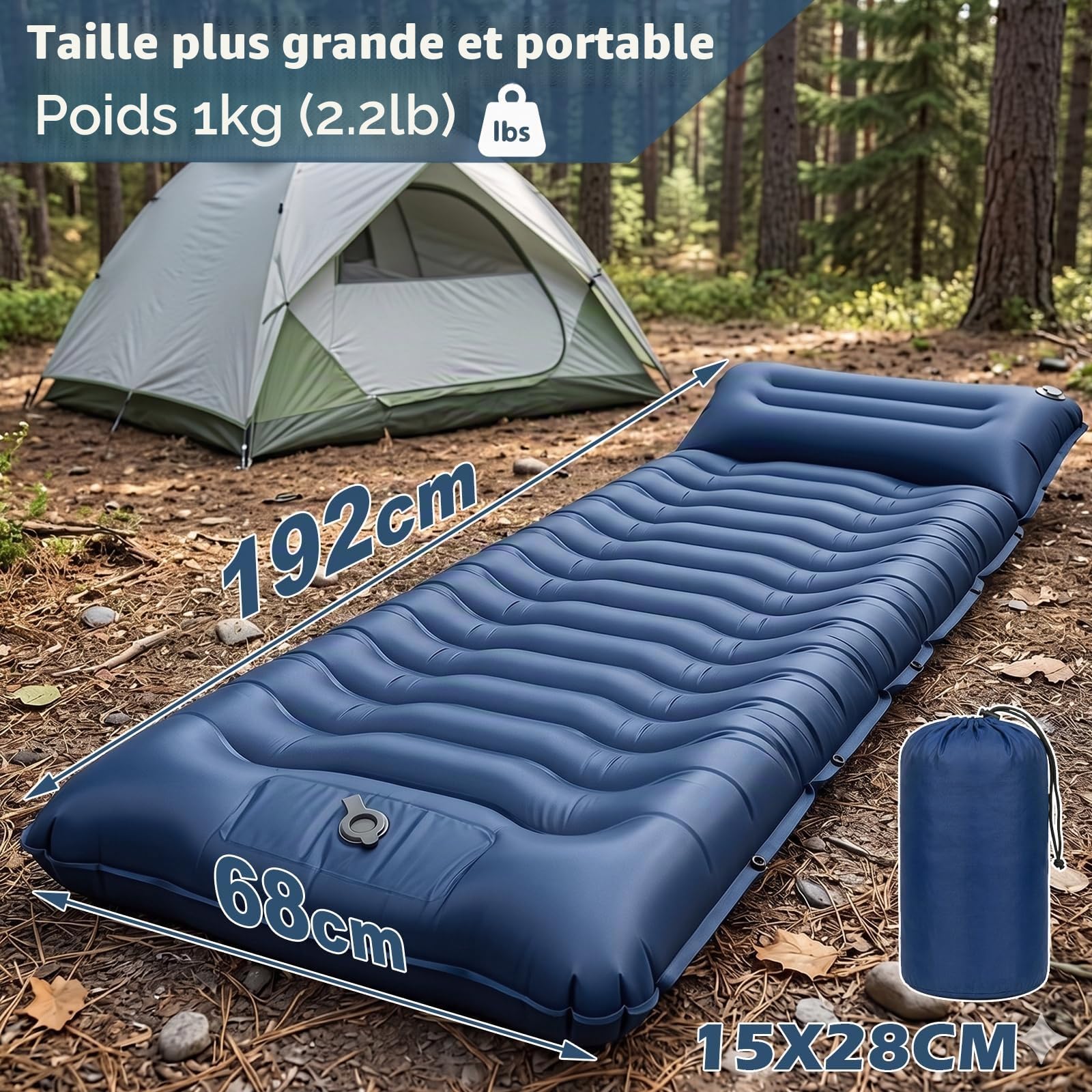 Matelas isolant pour camping et extérieur, 14 cm, épais, avec coussin et pompe à pied, pliable, compact, gonflable, pour randonnée, voyage, plage, 192 x 68 x 14 cm