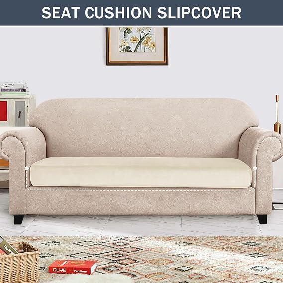 Stretch Cushion Cover, Soft Velvet Plush Cushion Slipcovers Loveseat Sofa Covers Couch Seat Covers Furniture Protector with Elastic Bottom (Large, Beige)