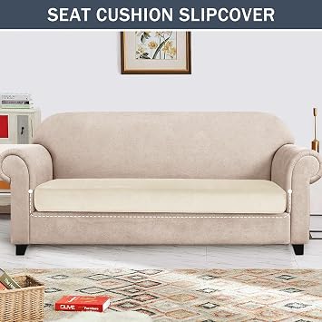 Stretch Cushion Cover, Soft Velvet Plush Cushion Slipcovers Loveseat Sofa Covers Couch Seat Covers Furniture Protector with Elastic Bottom (Large, Beige)