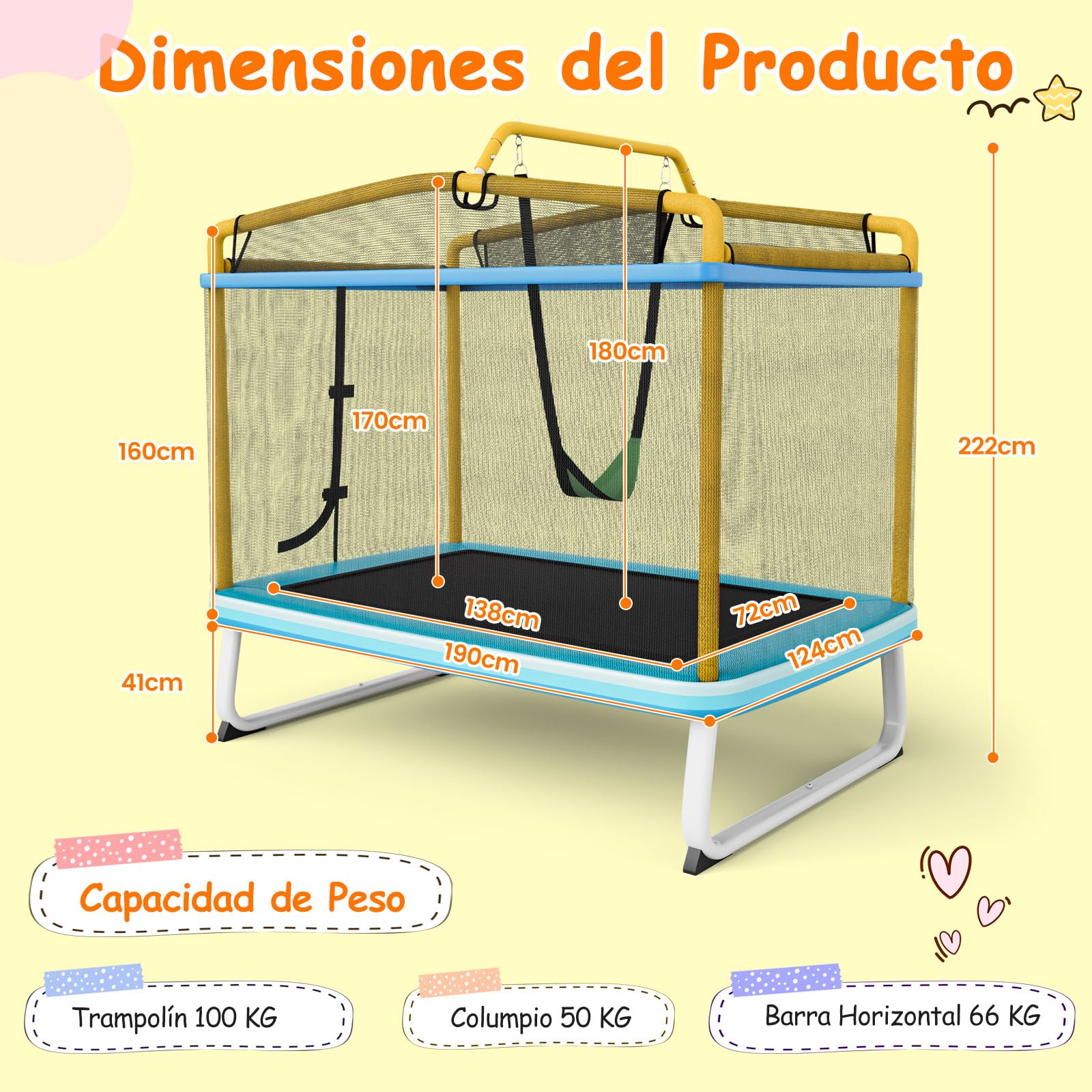 COSTWAY Cama Elastica Infantil, Trampolín para Niños Multifuncional con Columpio, Trampolín Rectangular de Entretenimiento de Capacidad de 100 kg