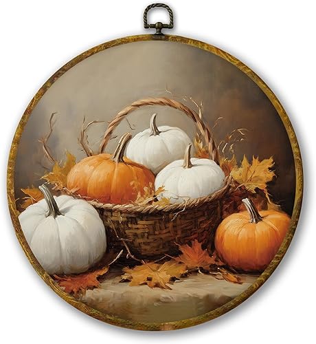 Mcehtle Decoración de pared vintage de otoño con hojas de arce, calabaza de otoño, impresiones en lienzo enmarcadas de calabaza de otoño de 10 x 10