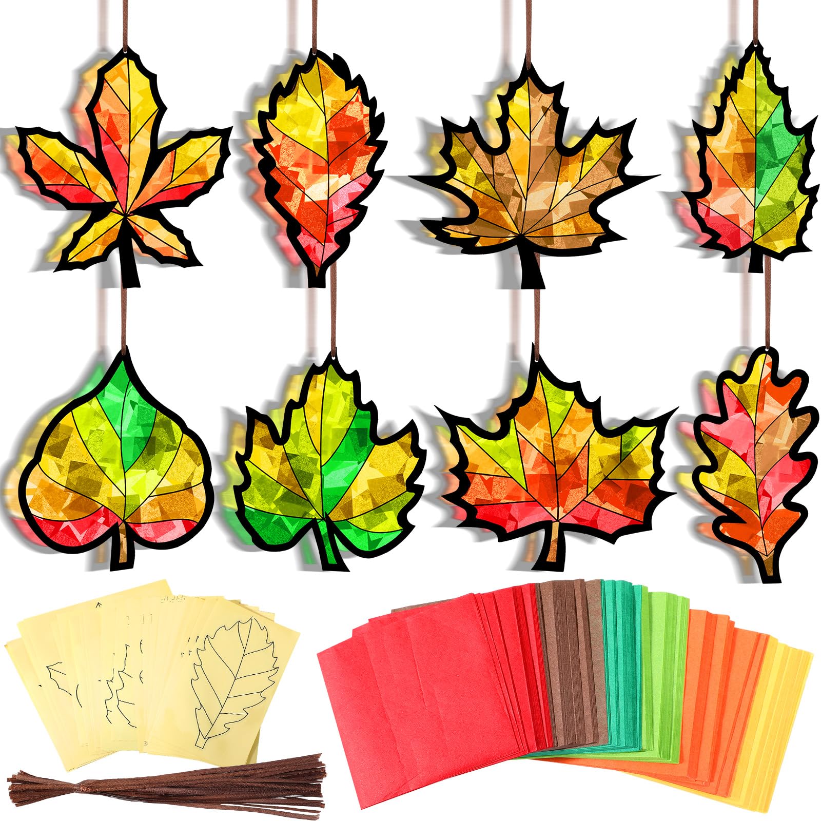Eersida 32 Pcs Fall Suncatchers Paper Craft Set DIY Maple Leaf Shaped Stained Glass Tissue Paper Kits Bulk for Window Classroom Activities Art Autumn Party Decorations Favors Thanksgiving Gift