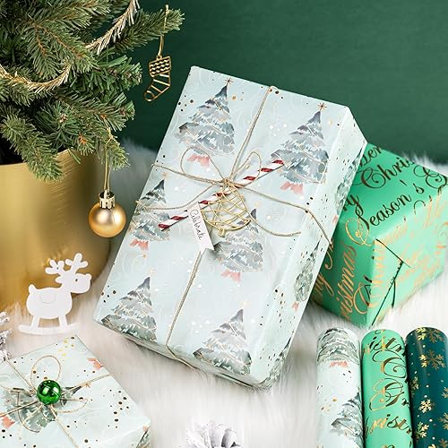 Miniatura 5 de WRAPAHOLIC Papel de regalo de Navidad, 3 rollos, 17 x 120 pulgadas cada uno, árbol de Navidad de lámina verde, diseños de copos de nieve con brillo