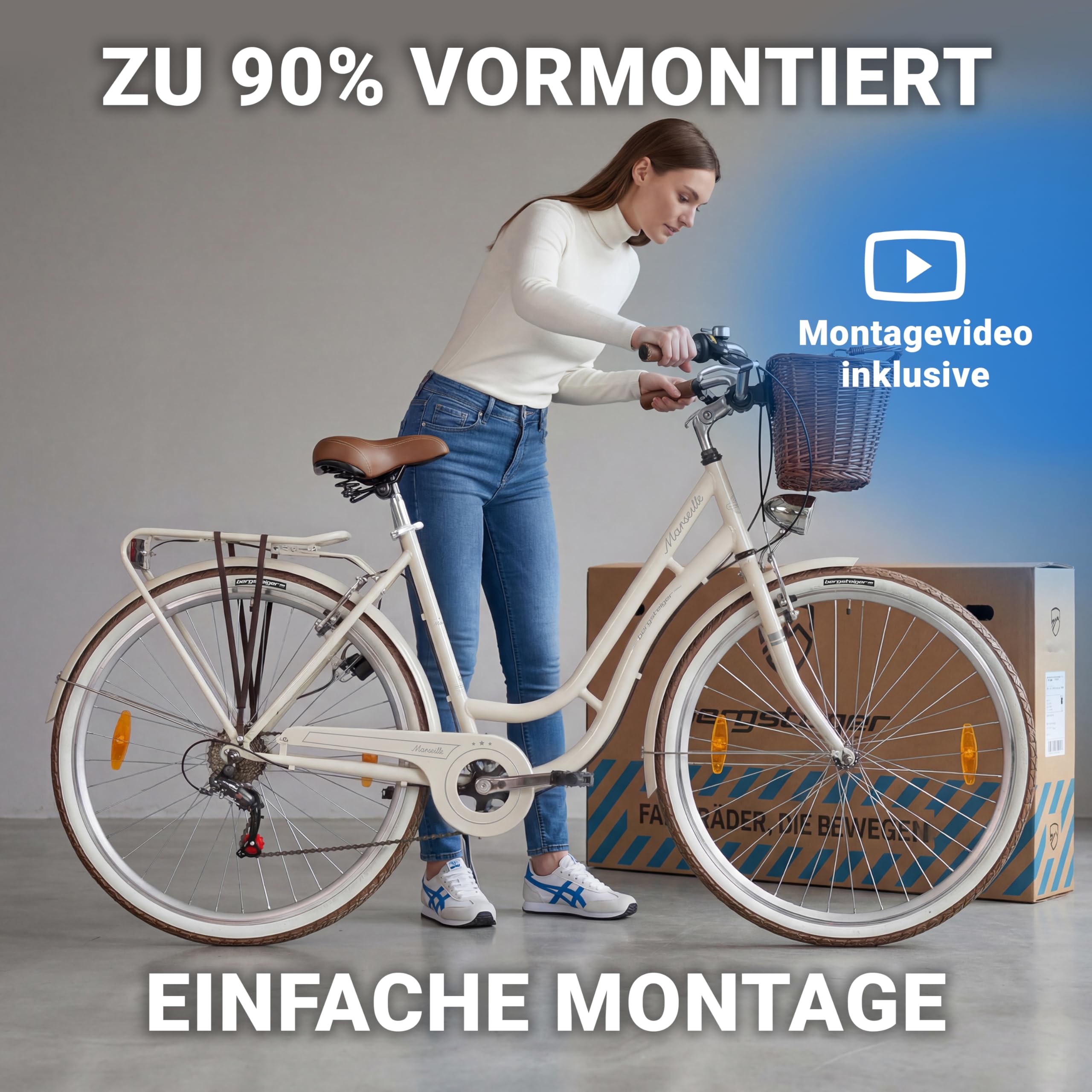 Bergsteiger Marseille 26/28 Zoll Damen Citybike im Retro-Design | Modisches Damenrad ab 150 cm Groesse mit 6 Gängen, Rattan-Korb und StVZO Licht. Zu 90% komplett vormontiert geliefert.