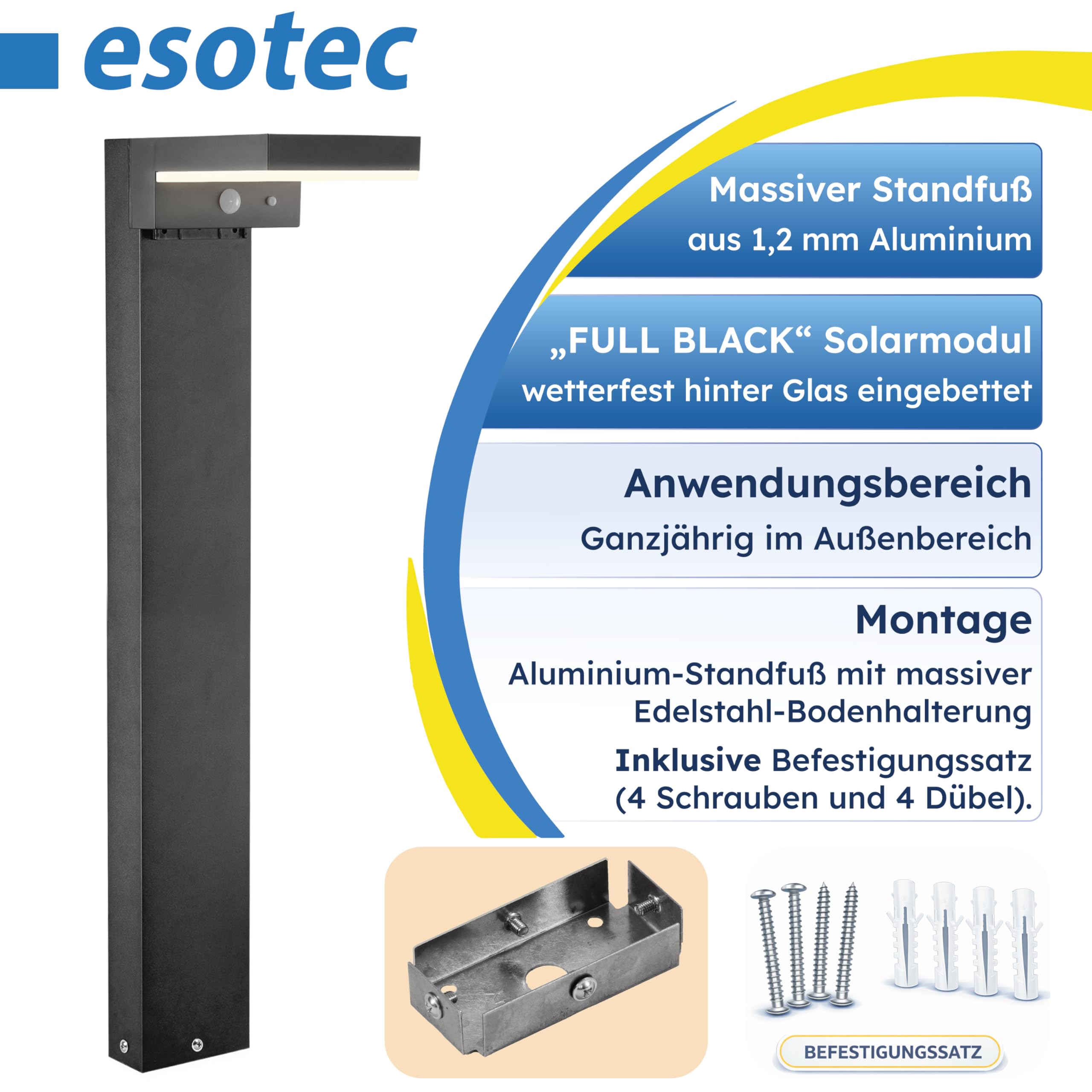 esotec Solar Wegeleuchte mit Bewegungsmelder Stella, H=80cm, Aluminium Außenleuchte, warmweiß 3000K, wechselbarer LiFePO4 Akku 102936