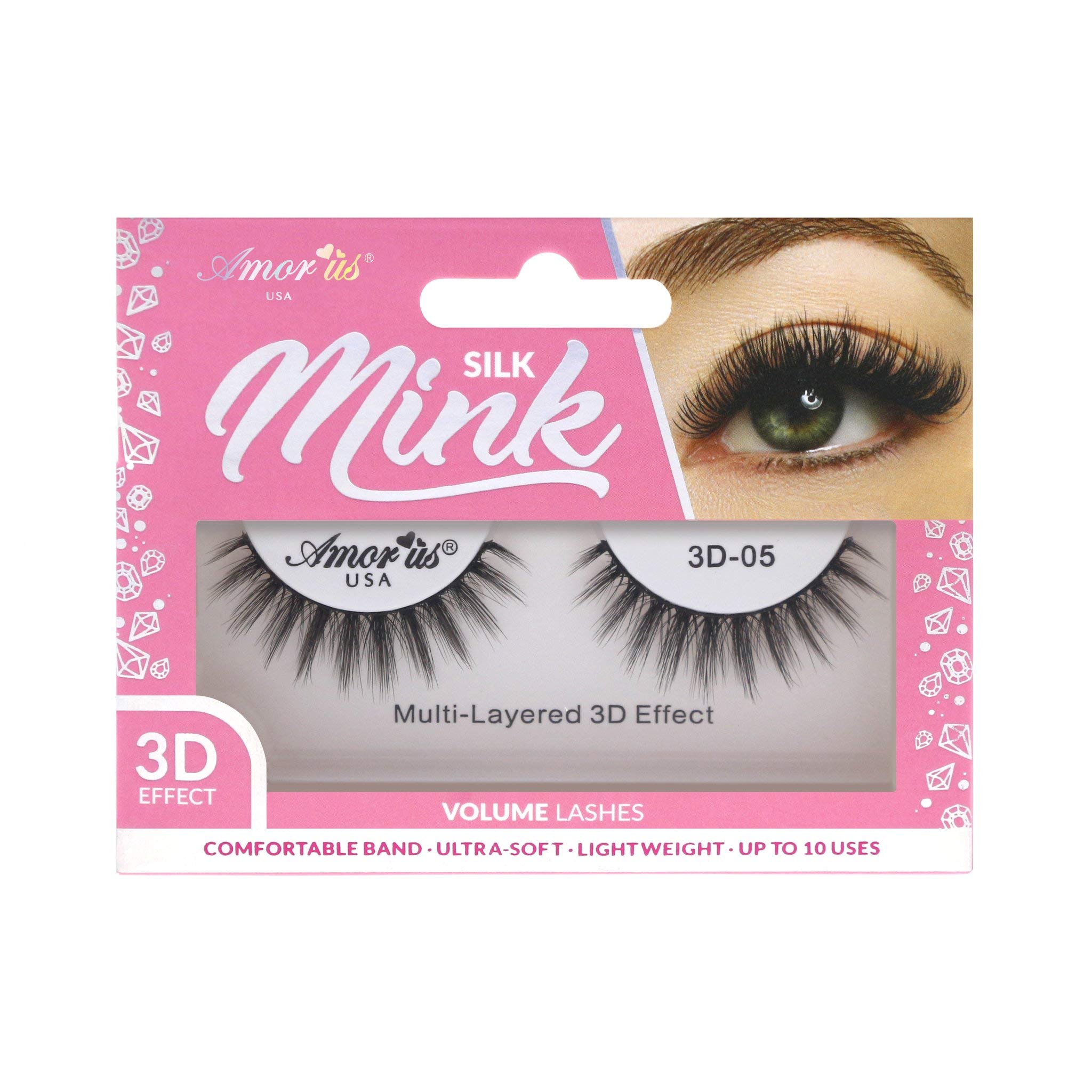 Amorus 3D Hand made Faux Mink Lashes #05 Black Nature fluffy light Reusable (12 pack)