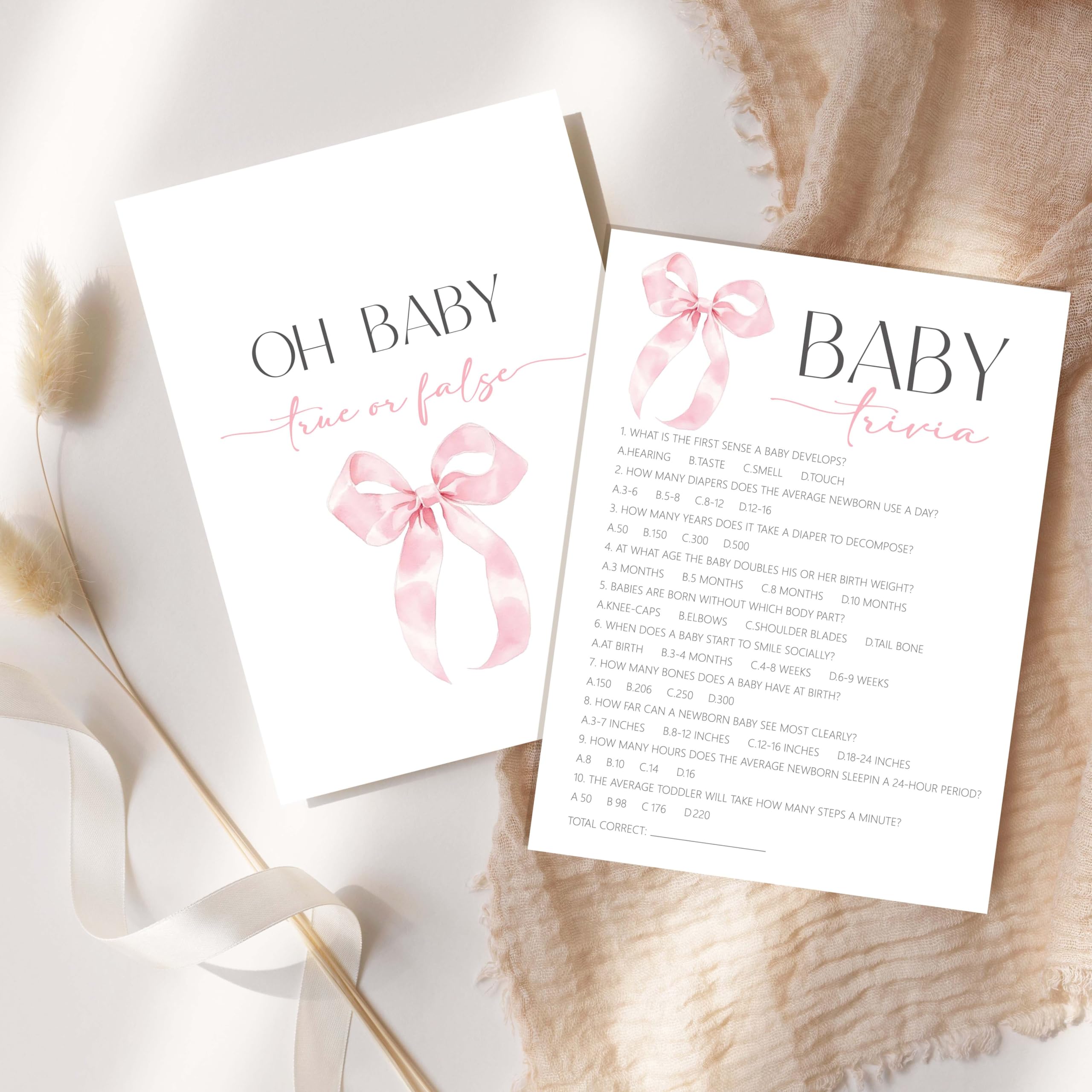 Pink Bow Baby Shower Games dla dziewczyn, Baby Trivia Game, 5"x7-25 szt.-B04