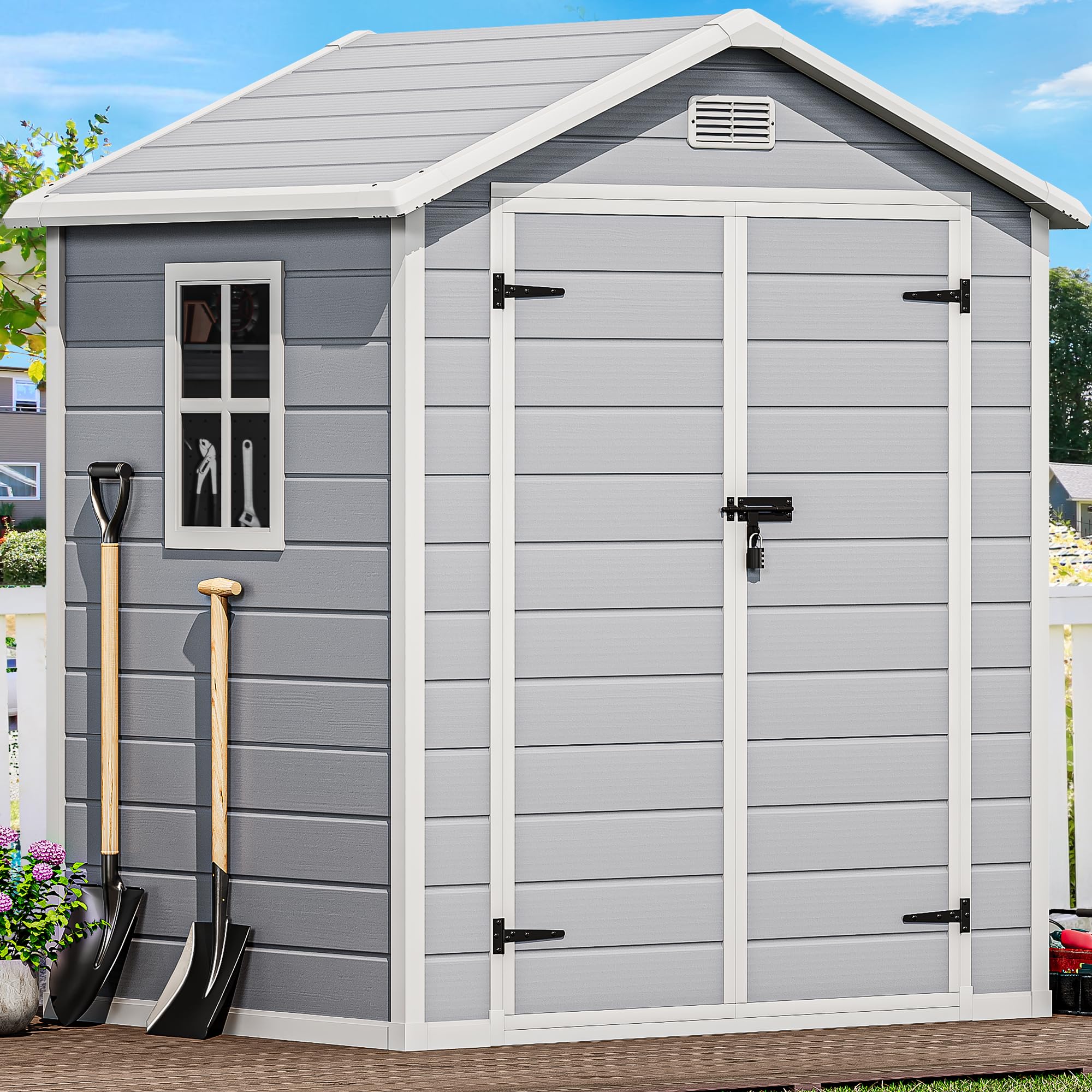 Photo 1 of [Missing One Box, only partial set] DWVO 6x4.4 FT Outdoor Resin Storage Shed with Reinforced Floor, All-Weather Bike Storage Shed with Lockable Door, Window and Vent, Waterproof Plastic Tool Storage for Garden, Backyard, Patio, Lawn PARTIAL, SET BOX ONE O