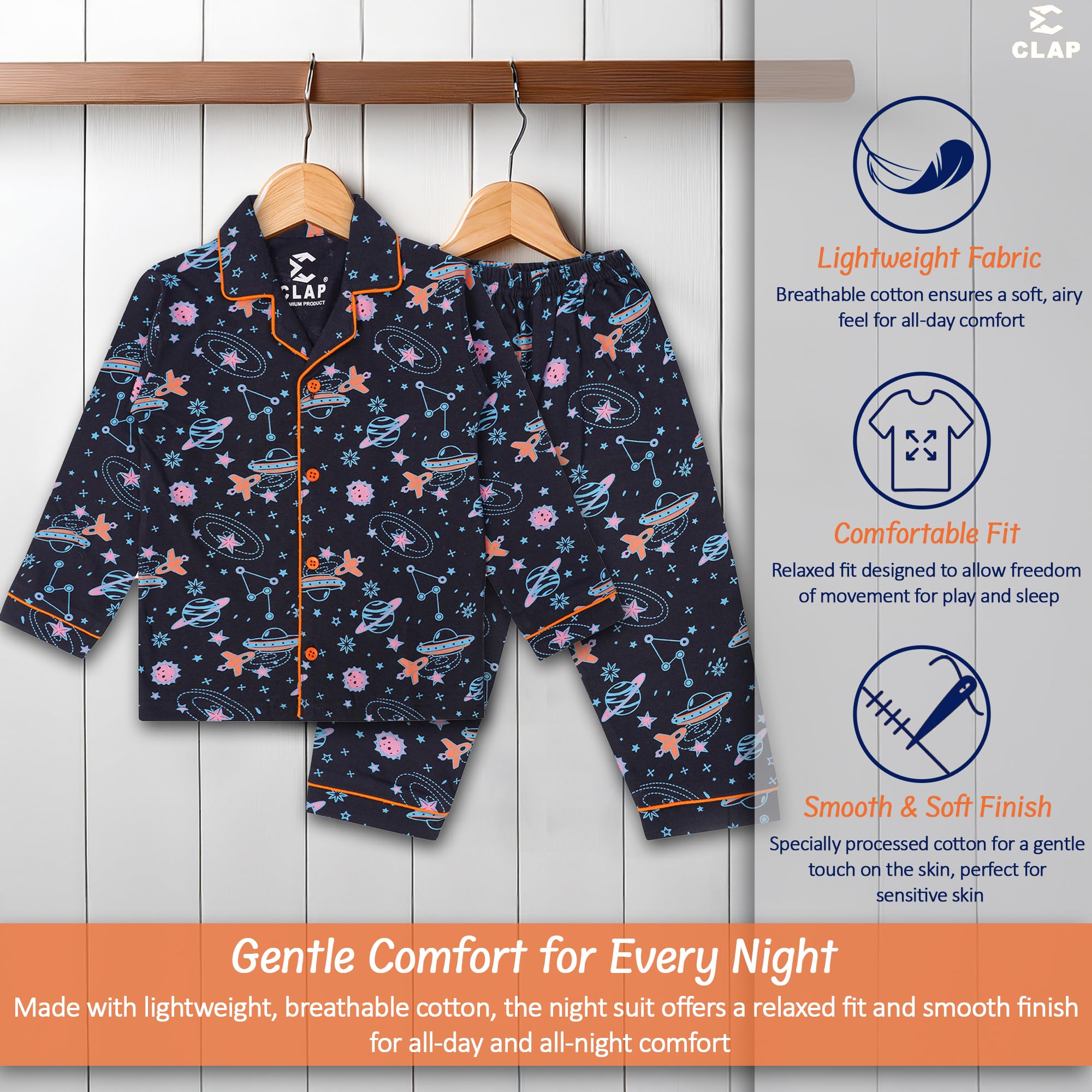 CLAP Kids Cotton Printed Full Sleeves Night Suit Navy Blue 1Pc (2-3 Years, Navy Blue) - Image 3 thumbnail