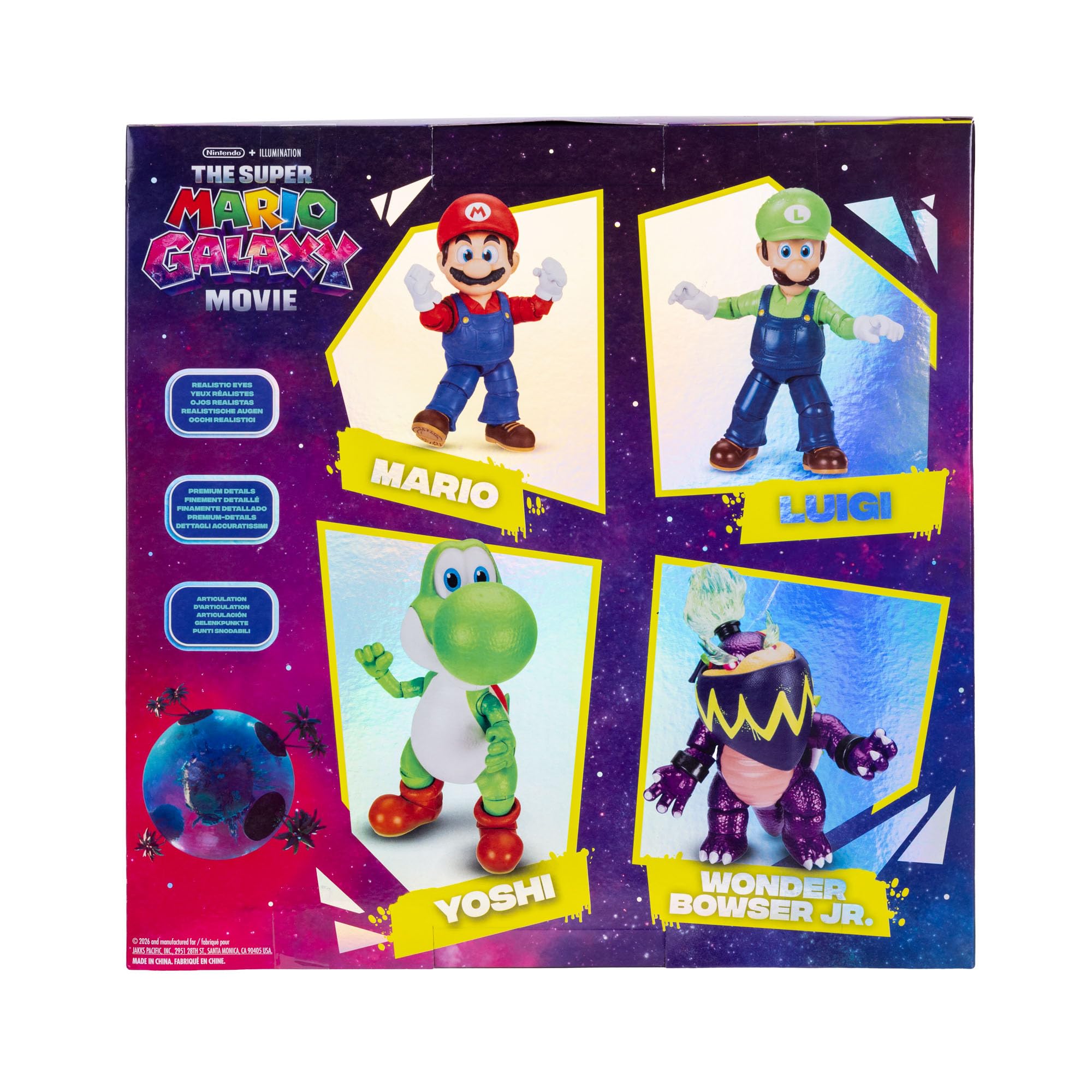 Zestaw figurek akcji Super Mario Galaxy Movie 12,7 cm, oficjalna licencja Jakks Pacific, zawiera figurki Mario, Luigiego, Yoshiego i ekskluzywne figurki Wonder Bowser Jr., przegubowa konstrukcja, 3+