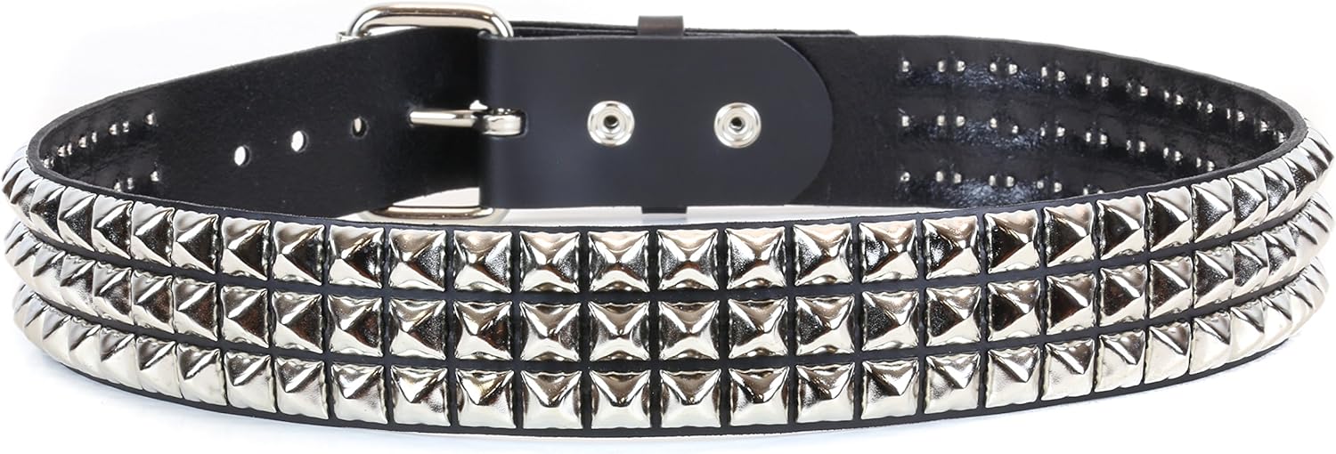 ゴシックハードコアパンクロック3連鋲スタッズレザーベルト黒 本革3連