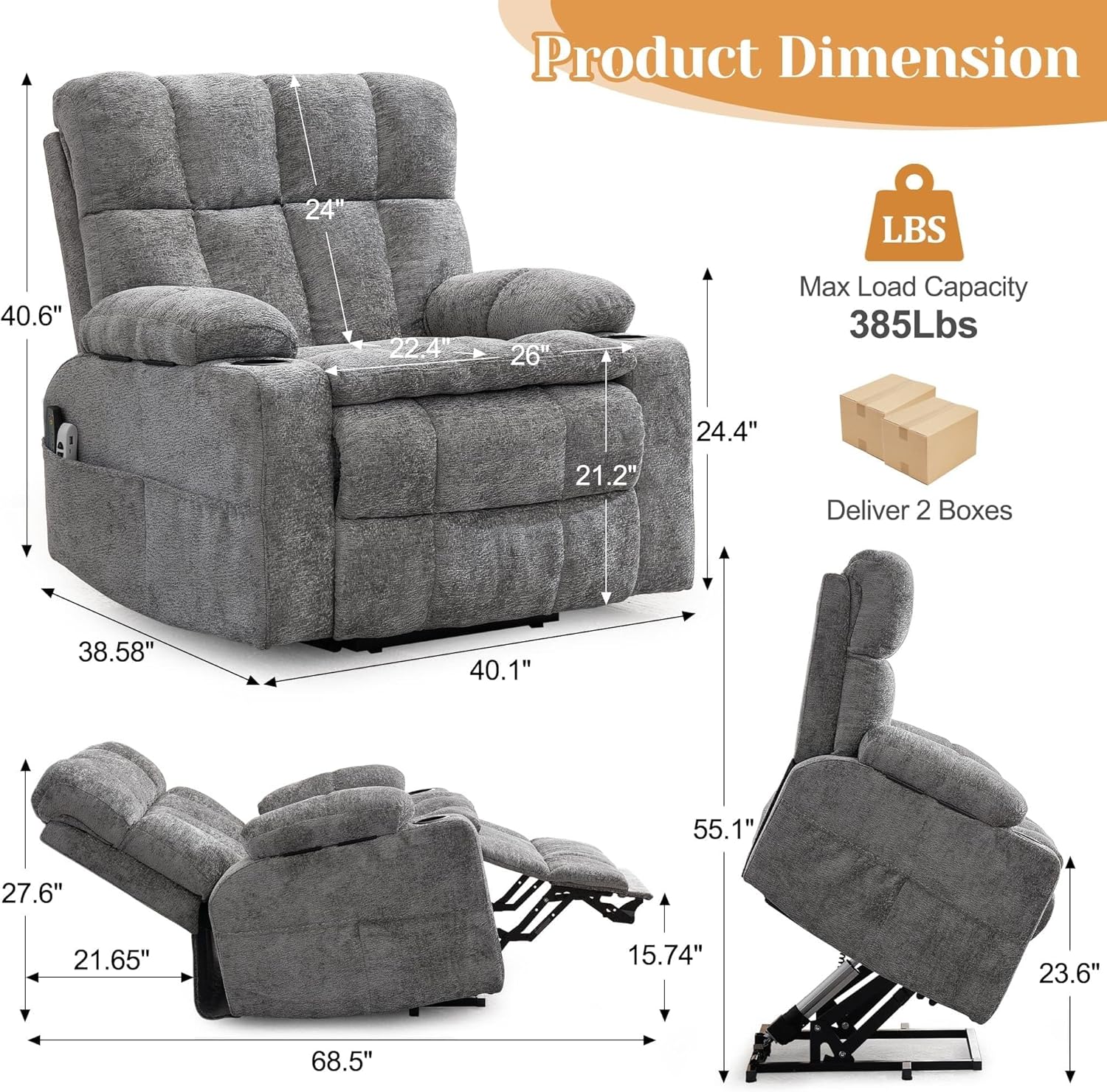Electric Lift Chair with Storebox Cupholder for Elderly Extra Wide Recliner Chairs with Adjustable Headrest USB Ports Type C Massage and Heat Oversized Dual Motor Power Lift Recliner