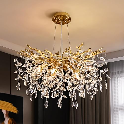 Modern Tree Branch Crystal Chandelier Luxury Gold Crystal Pendant Lighting 23.6" Contemporary 8-Light Chandeliers for Dining Room Kitchen Bedroom Living Room