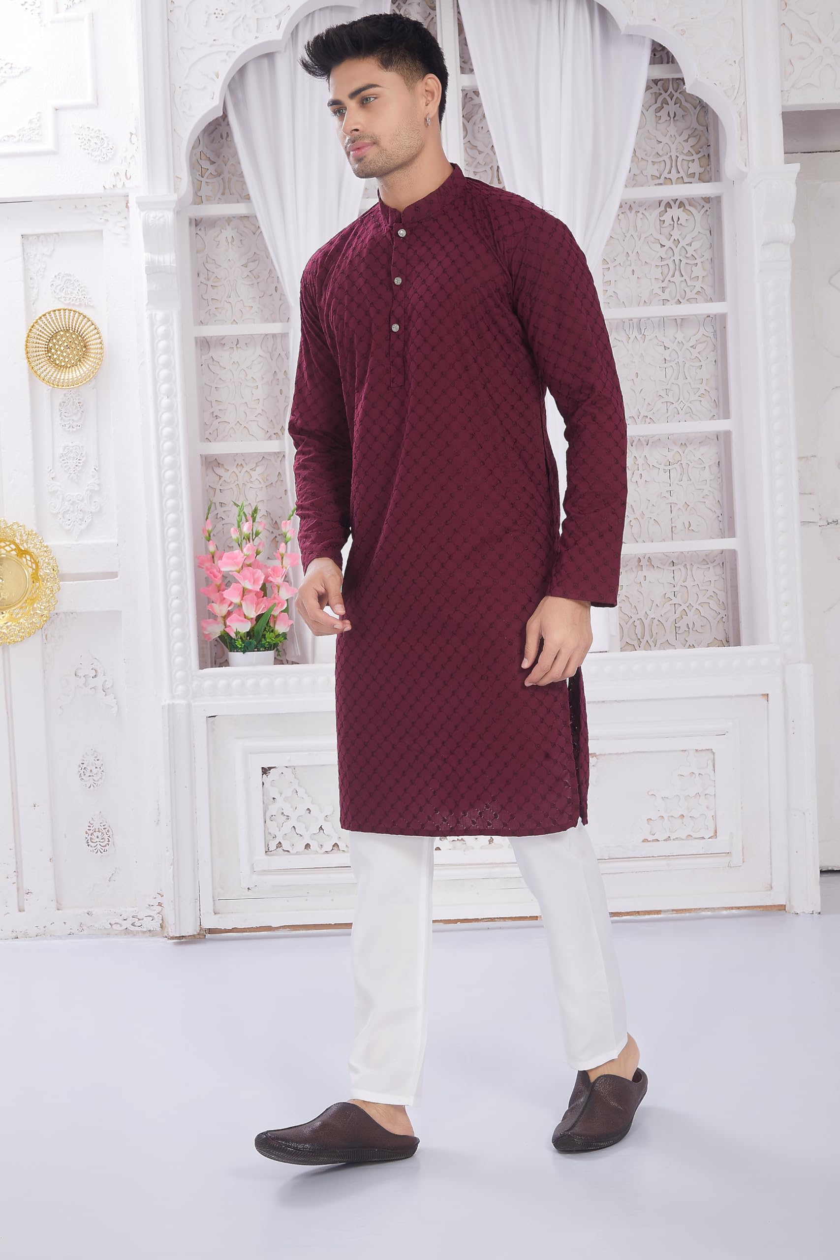 DIVISIVE Men's Thread Embroidered Cotton Only Slim Fit Kurta (DKRT631_XL_Burgundy) - Image 2 thumbnail