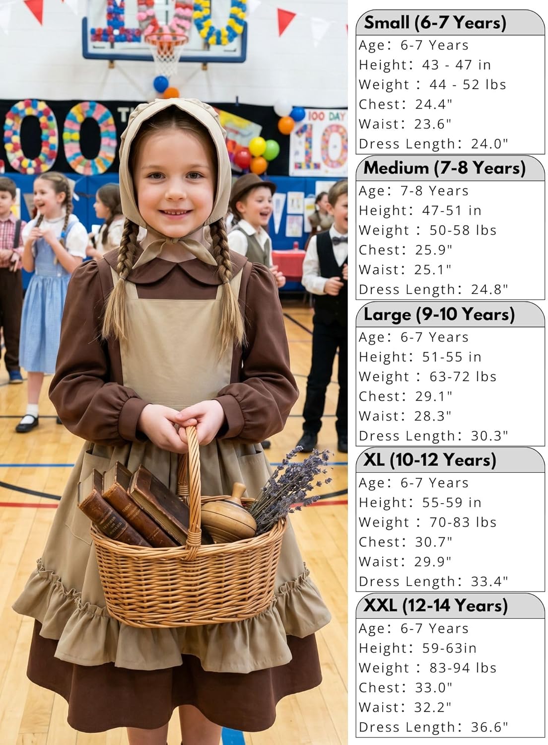 Nuoqi Prairie Dress Girls Pioneer Colonial Costume Long Sleeve 1800s Victorian Dress with Apron