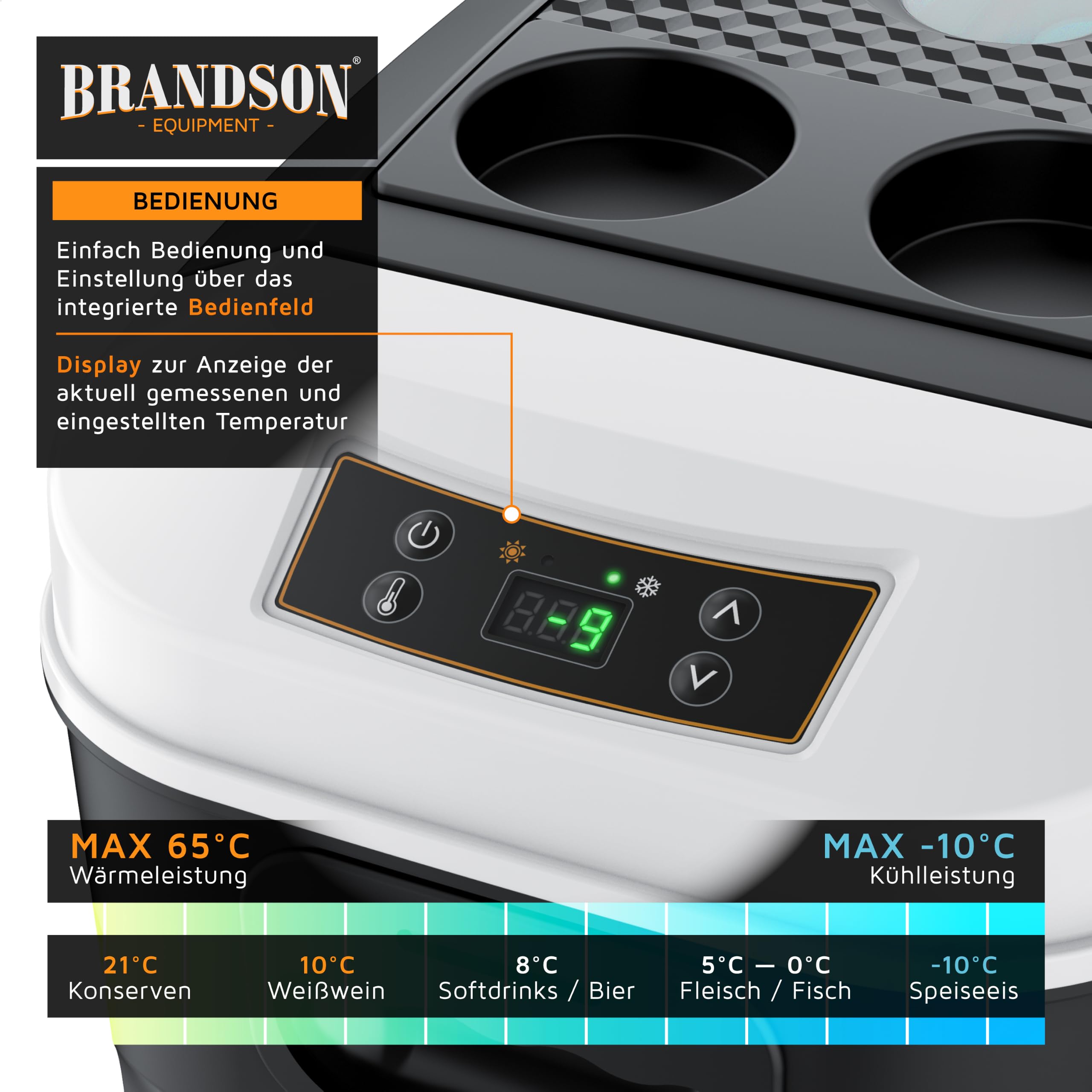 Brandson - Kühlbox elektrisch 14L – 230 V Netzspannung und 12 V KFZ Auto Bordspannung – kühlt und wärmt – Heizen max. 65°C – Herabkühlen ca 20°C unter der Umgebungstemperatur - Schwarz