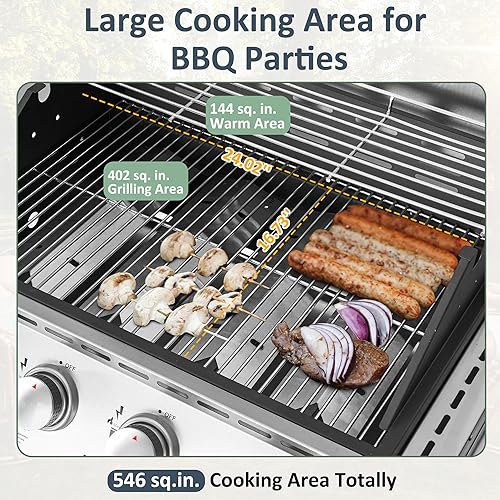 Miniatura 3 de Polar Aurora Parrilla de gas propano 4 quemadores con quemador lateral, carrito de parrilla de acero inoxidable con ruedas para patio al aire libre,