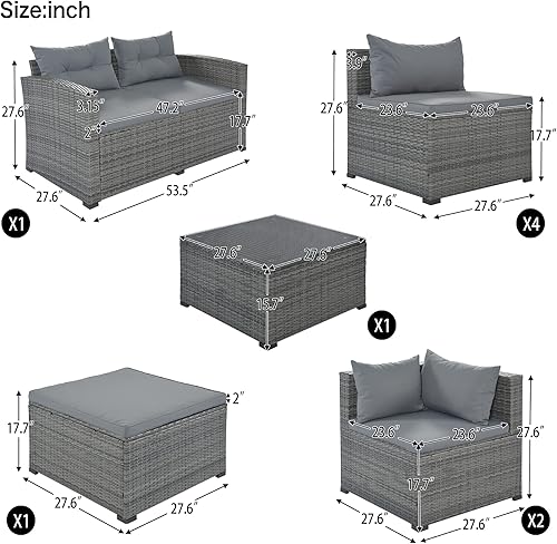 Miniatura 7 de Voohek, Mimbre gris de 9 piezas para patio al aire libre, juegos de sofá de conversación de ratán con funda de cojín antideslizante y mesa auxiliar
