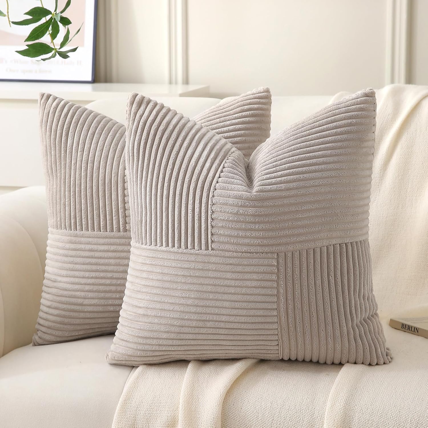 Taupe Throw Pillow Covers 24x24 inch,Pack of 2 Soft Corduroy Cushion Covers with Patchwork Textured,Farmhouse Home Decor,Boho Decorative Cushion Case for Couch Bed Sofa Living Room