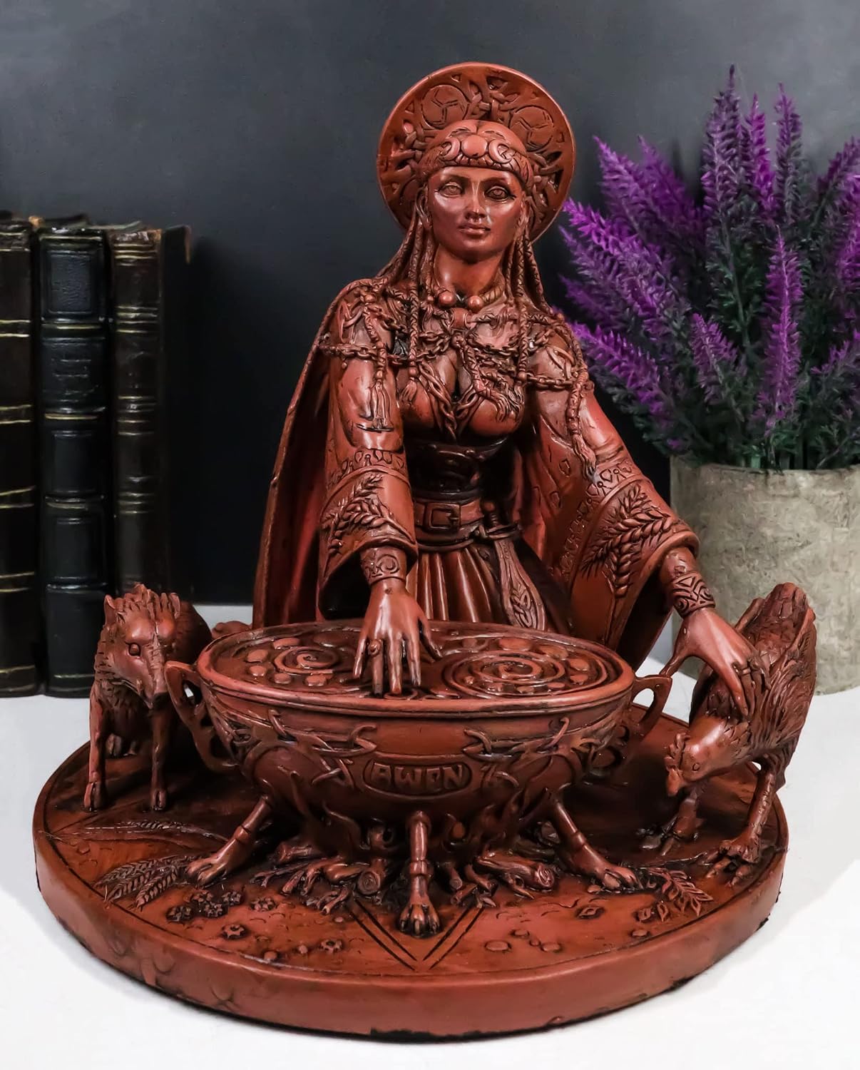 Ebros Gift Celtic Goddess of Rebirth Cerridwen Enchantress with Magic Cauldron Pig and Chicken Statue 8.5" Tall Celtic Pagan Triple Goddess Mother Figurine Wicca Decor Sculpture