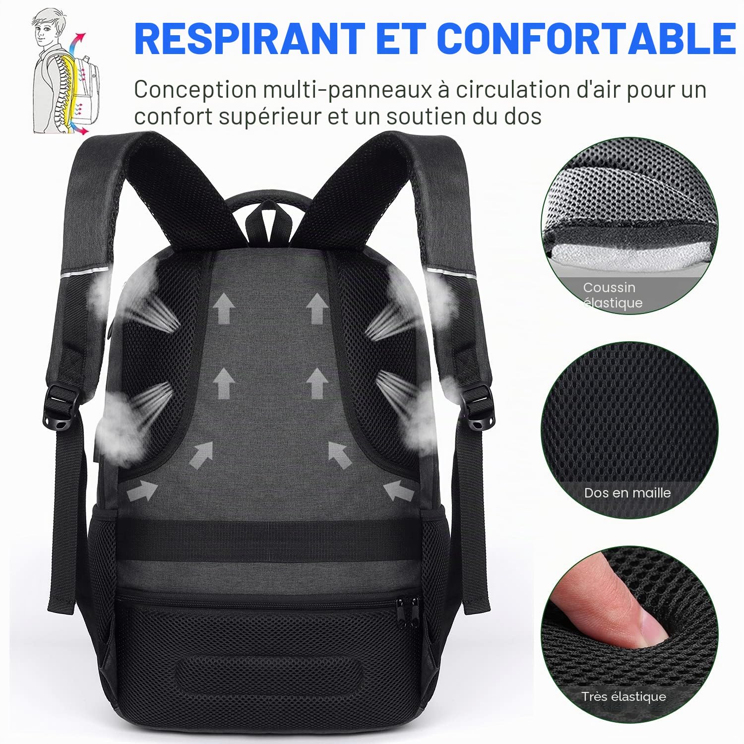 YAMTION Cartable Garçon, Sac A Dos Homme pour College Garcon Lycée Compartiment pour 15.6" Ordinateur Portable avec USB Charging Port