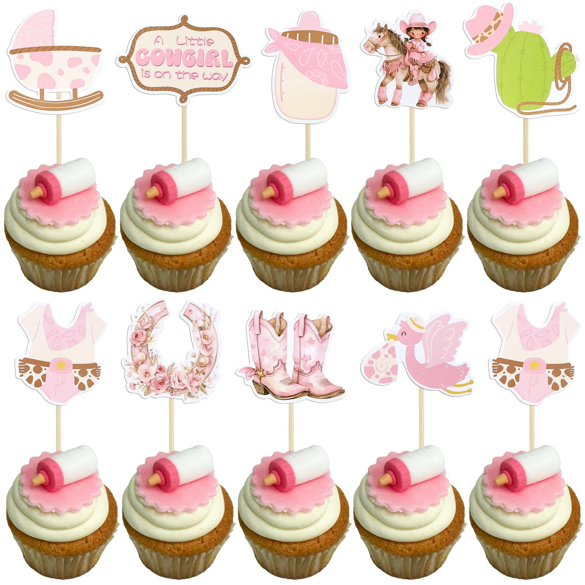 Ephlyn 36Pcs A little Cowgirl is On The Way Cupcake Toppers Cowgirl Riding HorseShoe Cowgirl Hats Western Theme Happy Birthday Baby Shower Party Cake
