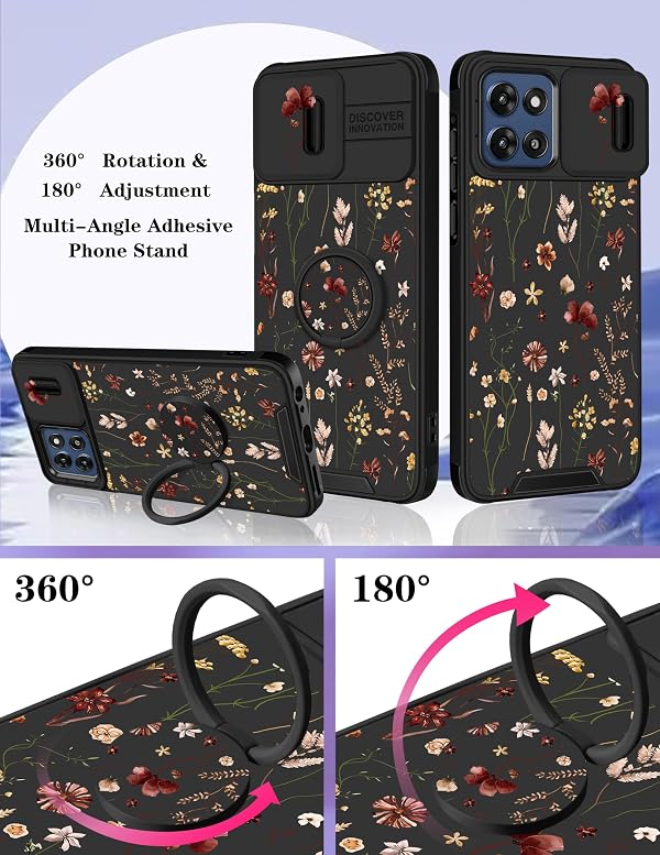 Goocrux for Moto G Stylus 5G 2025/2026 Case - Women Girls Cute Phone Cover Girly Design Slide Camera Cover with Ring Stand Holder Cases for Motorola G Stylus 5G 2025/2026, Black Floral by Goocrux - Used condition - Image 4
