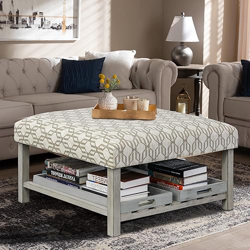 Miniatura 5 de IVANE Mesa de centro cuadrada otomana con dos bandejas extraíbles grises y estante inferior, cojín tapizado con patrón de diamante de tela beige