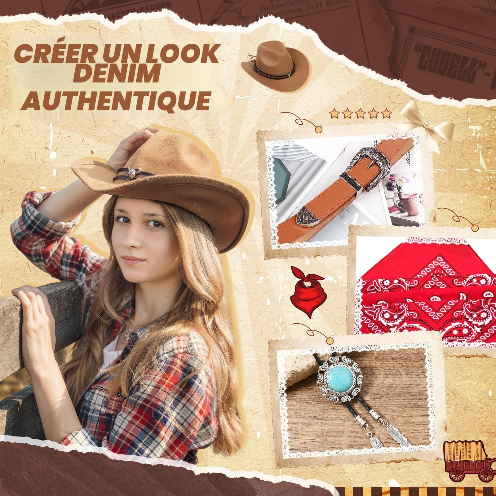 5 Pièces Set de Déguisement Cowboy Western pour Femme, Kit Accessoires de Cowgirl avec Chapeau Collier Boucles d'oreilles Ceinture Bandana pour Halloween Masqué Cosplay Fêtes