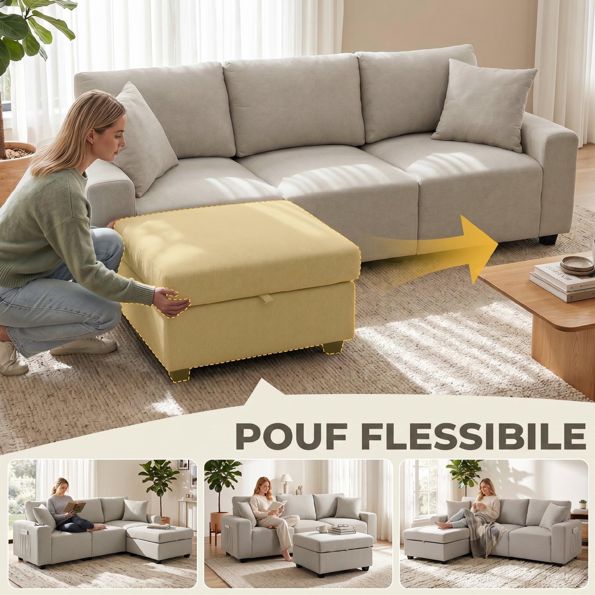 HOMCOM Divano Angolare 3 Posti Modulare in Lino, Seduta Spessa, Beige | Divano ad Angolo, Contenitore, Poggiapiedi Rimovibile, Cuscini, Divano a L Reversibile per Salotto, 235x80x85 cm
