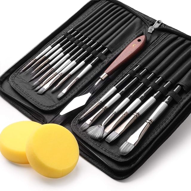 EKKONG Paint Brushes Set Artist 15 Pieces Painting Brush Includes Pop-up Carrying Case with free Palette Knife and Sponge, for Acrylic, Oil, Watercolor, Creative Body Paint and Gouache Painting