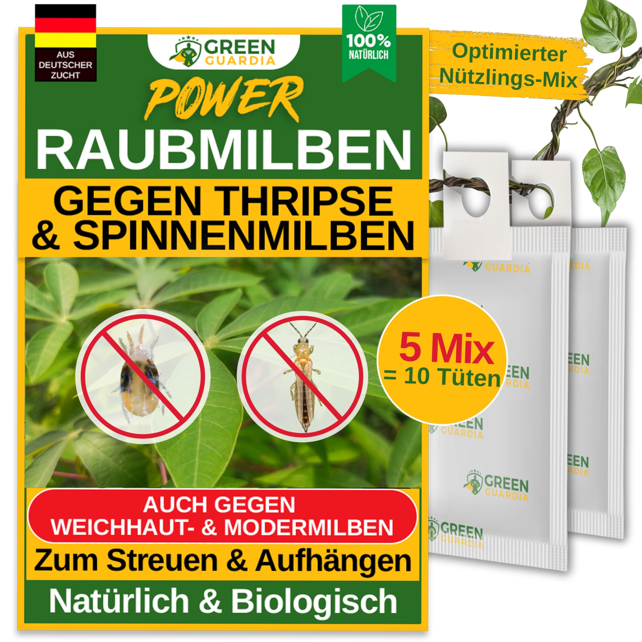 GREEN GUARDIA Power Raubmilben Mix gegen Thripse & Spinnmilben– 5 Mix mit 10 Tüten - Biologisches Mittel zur effektiven Thripse Bekämpfung–Umweltfreundlich, chemiefreie Mittel,einfache Anwendung
