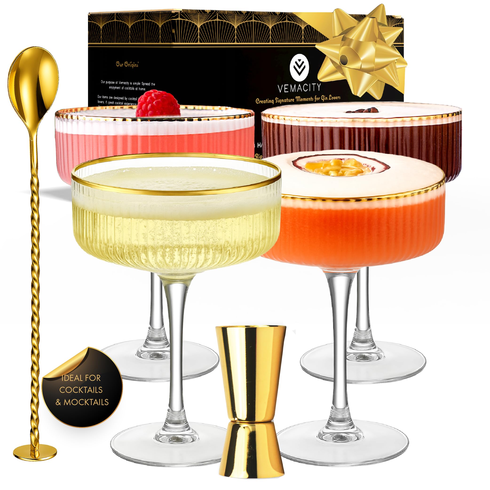Vemacity Ribbed Espresso Martini Glasses with Gold Rims, Spoon & Jigger | 300ml Coupe Cocktail Glasses Set of 4 | Champagne Saucers | Large Cocktail Glass | Martini Glass | Ideal for Christmas