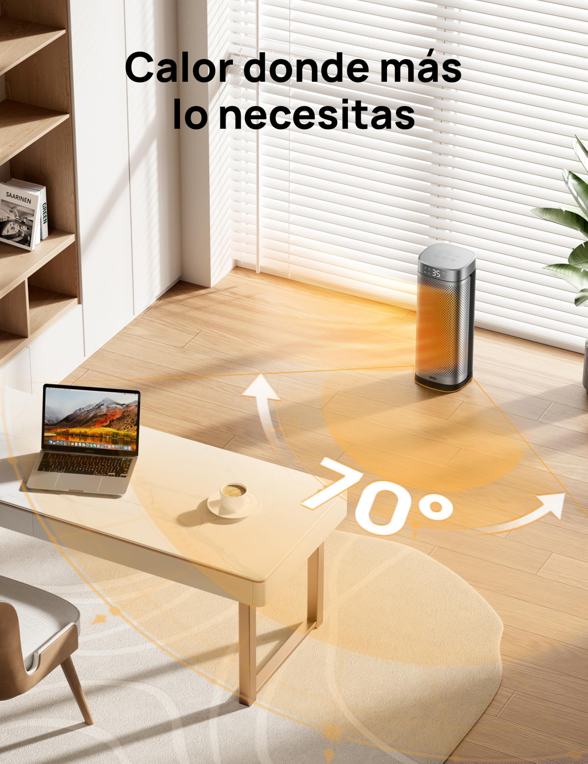 DREO Calefactor cerámico de 2000 W de bajo consumo y silencioso con termostato, temporizador de 12 h, 3 modos, oscilación de 70°, calefactor eléctrico de 16 pulgadas para estancias