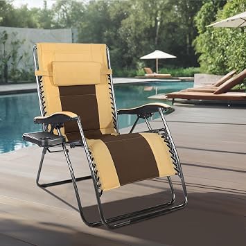 GRETERST Zero Gravity Chair Lawn Chair Oversized Padded Recliner Folding Outdoor Patio Lounge Chair Anti Gravity Lounger with Headrest, Side Drink Tray, Yellow