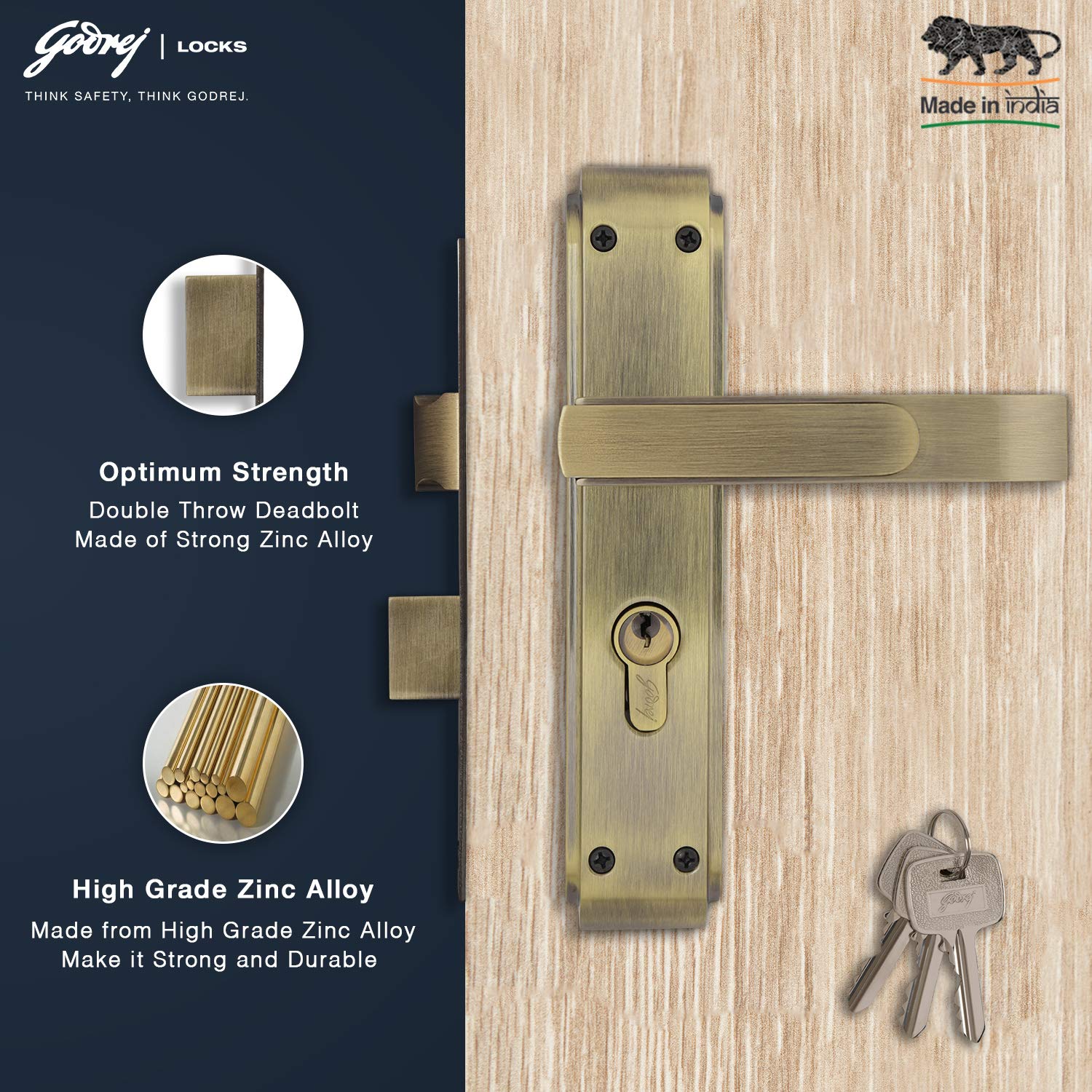 Godrej Locking Solutions and Systems Gloria Antique Brass Door Handle with Lock Set 2C for Home and Office Entrance Door (200 mm, Gold) 2