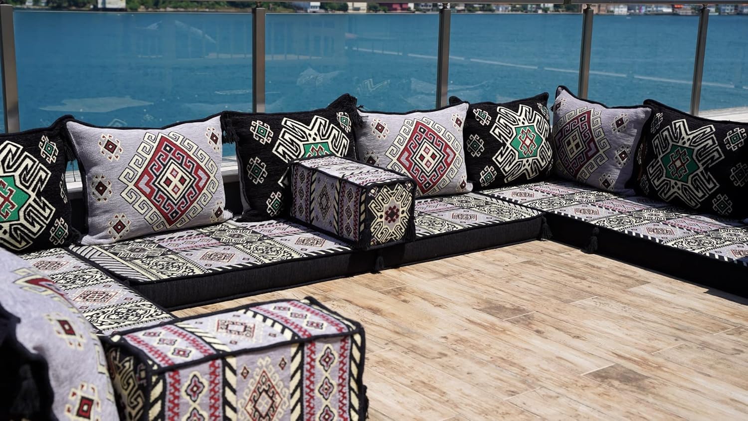 arabicsofa Handmade Gray U Shaped Arabic Sofa Set – Traditional Floor Seating – Oriental Boho Style Cushions