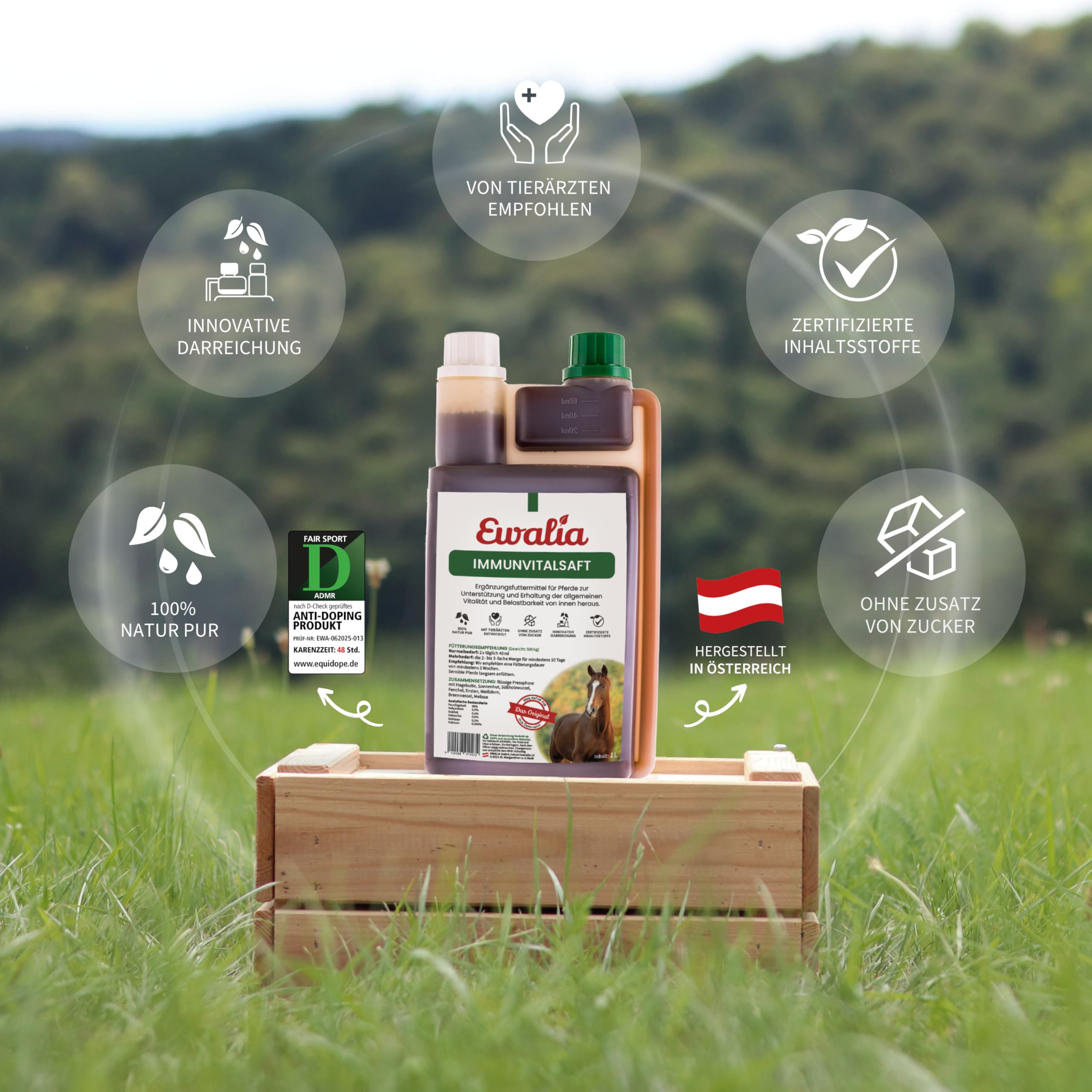 EWALIA Immunvitalsaft | Doppelpack | 2 x 1 l | Ergänzungsfuttermittel für Pferde | Mit Hagebutte & Sonnenhut