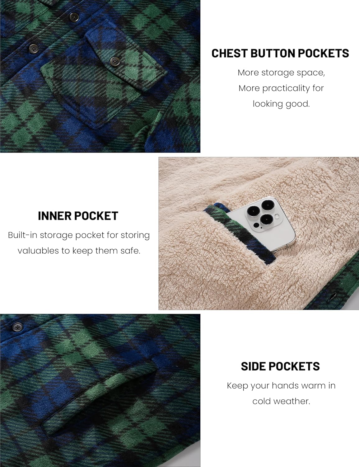 MAGCOMSEN Mens Flannel Shirt Jacket Fleece Lined Thick Long Sleeve Coat Winter Warm Plaid Shacket Jackets with 5 Pockets - Image 7