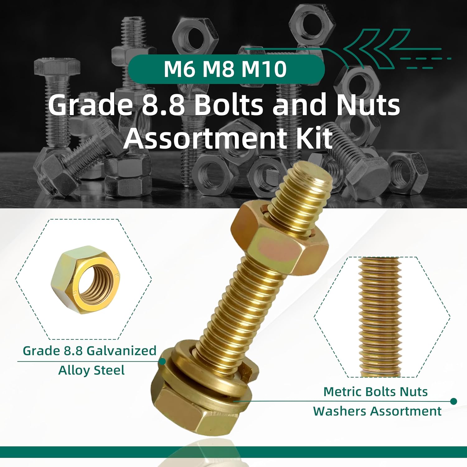 775Pcs Grade 8.8 M6 M8 M10 Bolts and Nuts Assortment Kit, Heavy Duty Alloy Steel Hex Screws Nuts & Washers Kit, Includes 16 Most Common Sizes