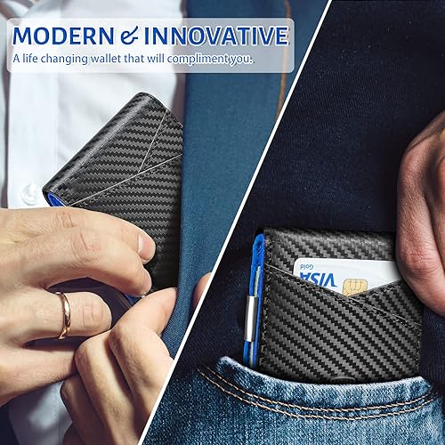 Miniatura 6 de GSOIAX Billeteras para hombre con bloqueo RFID, delgadas y plegables para hombre, minimalista, cuero auténtico, fibra de carbono, clip para dinero